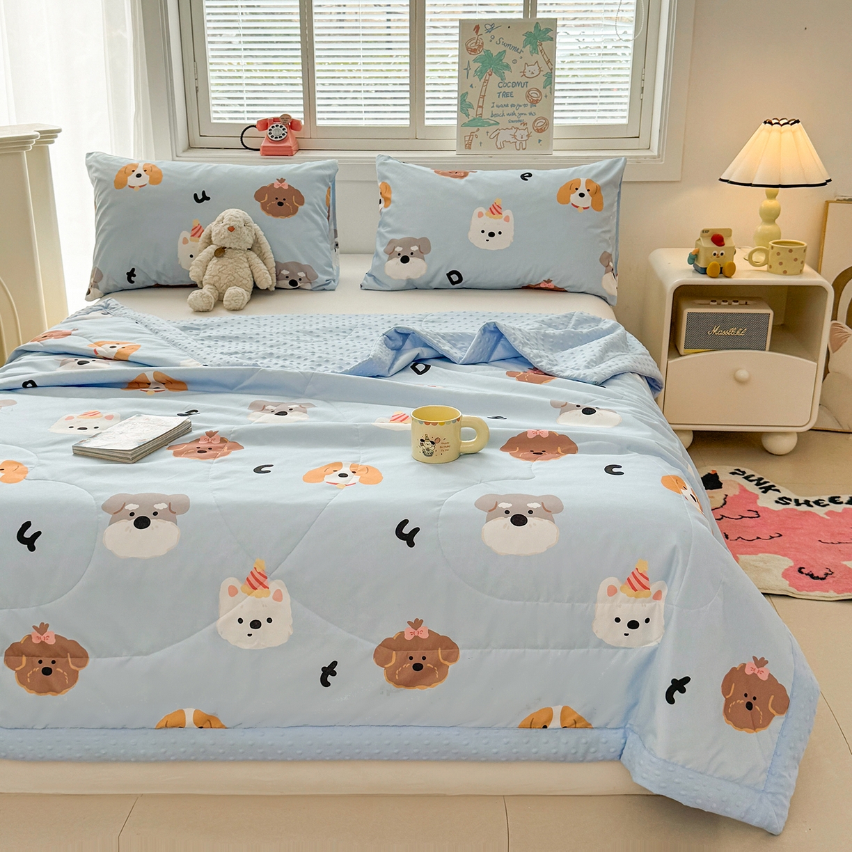 91家纺网 家纺一手货源 找家纺 悦织语 2026新款A类水洗棉双层纱豆豆被大豆夏凉被 汪汪队