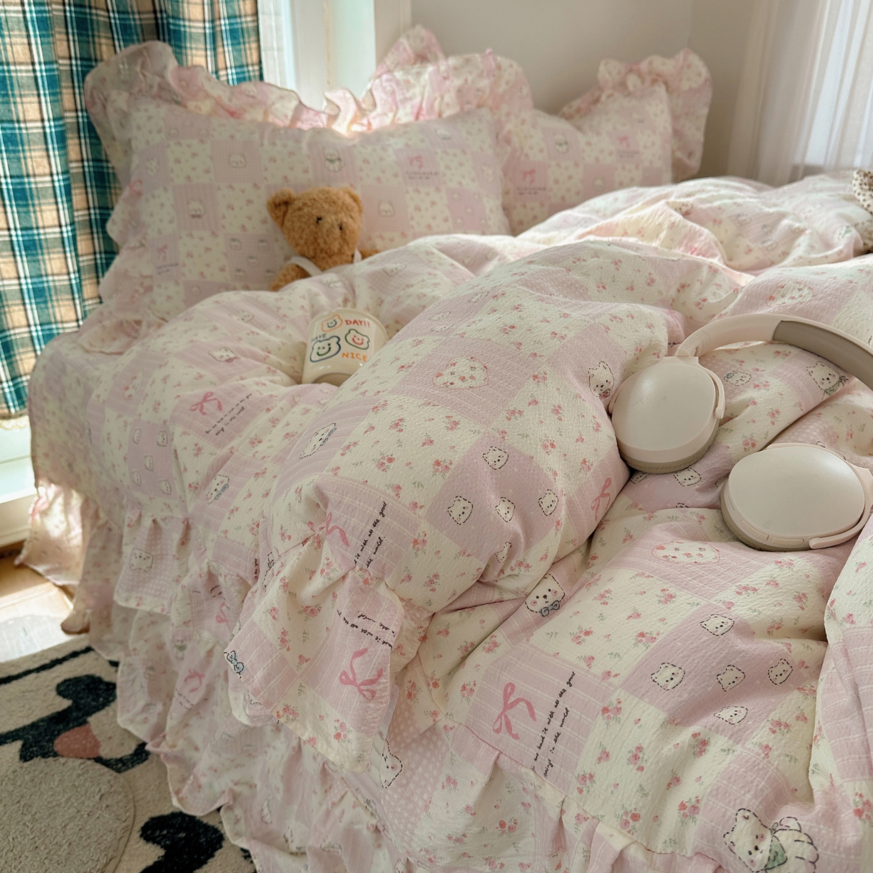 91家纺网 家纺一手货源 找家纺 （总）摩妮卡 2026春夏新款韩版花边水洗棉泡泡纱床盖四件套