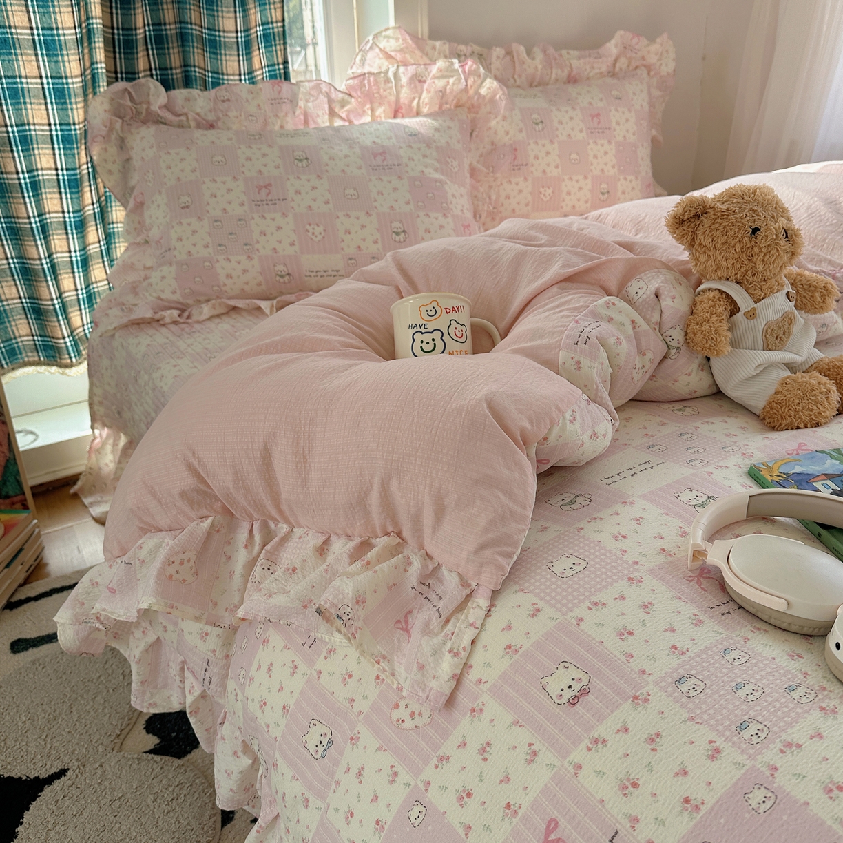 91家纺网 家纺一手货源 找家纺 （总）摩妮卡 2026春夏新款韩版花边水洗棉泡泡纱床盖四件套