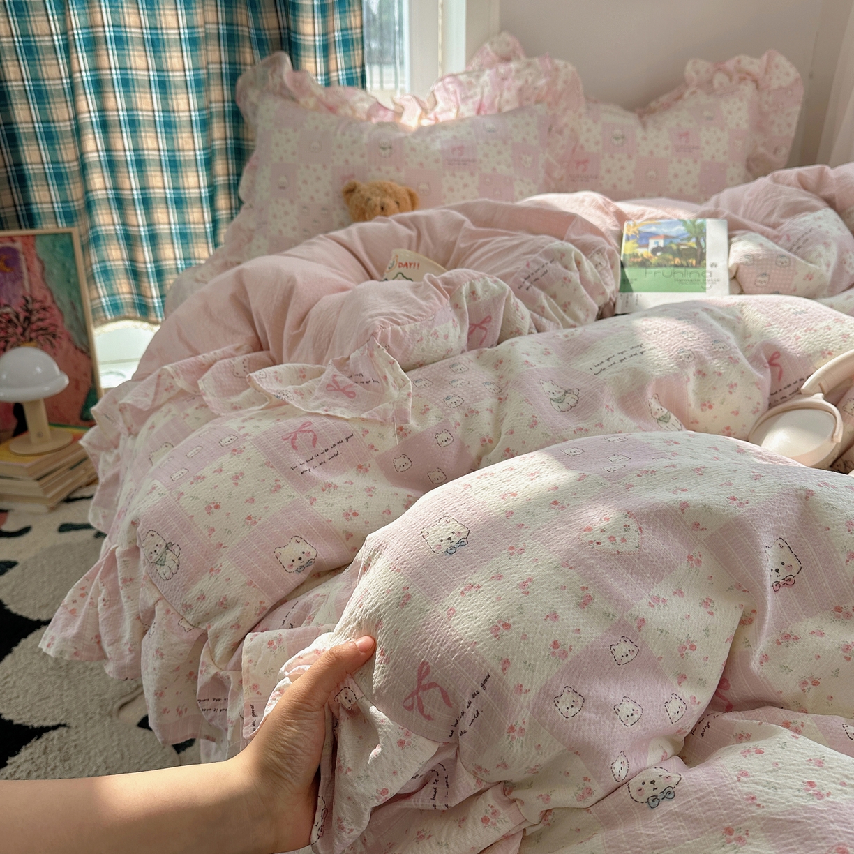 91家纺网 家纺一手货源 找家纺 （总）摩妮卡 2026春夏新款韩版花边水洗棉泡泡纱床盖四件套