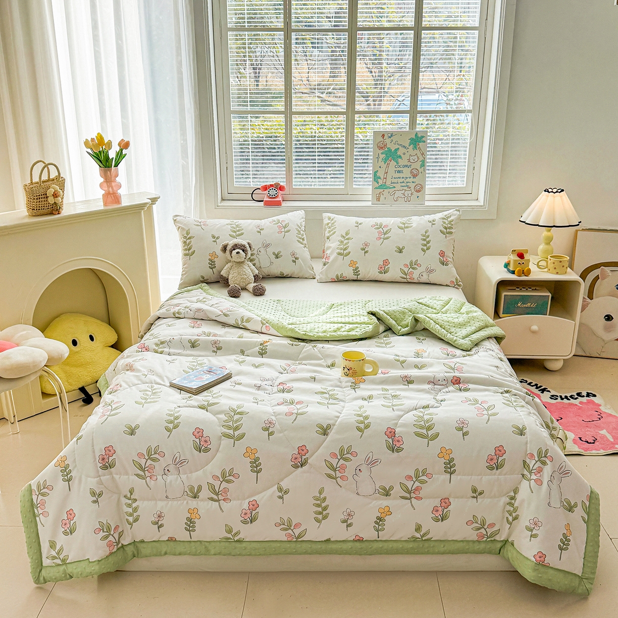 91家纺网 家纺一手货源 找家纺 悦织语 2026新款A类水洗棉双层纱豆豆被大豆夏凉被 微醺兔兔