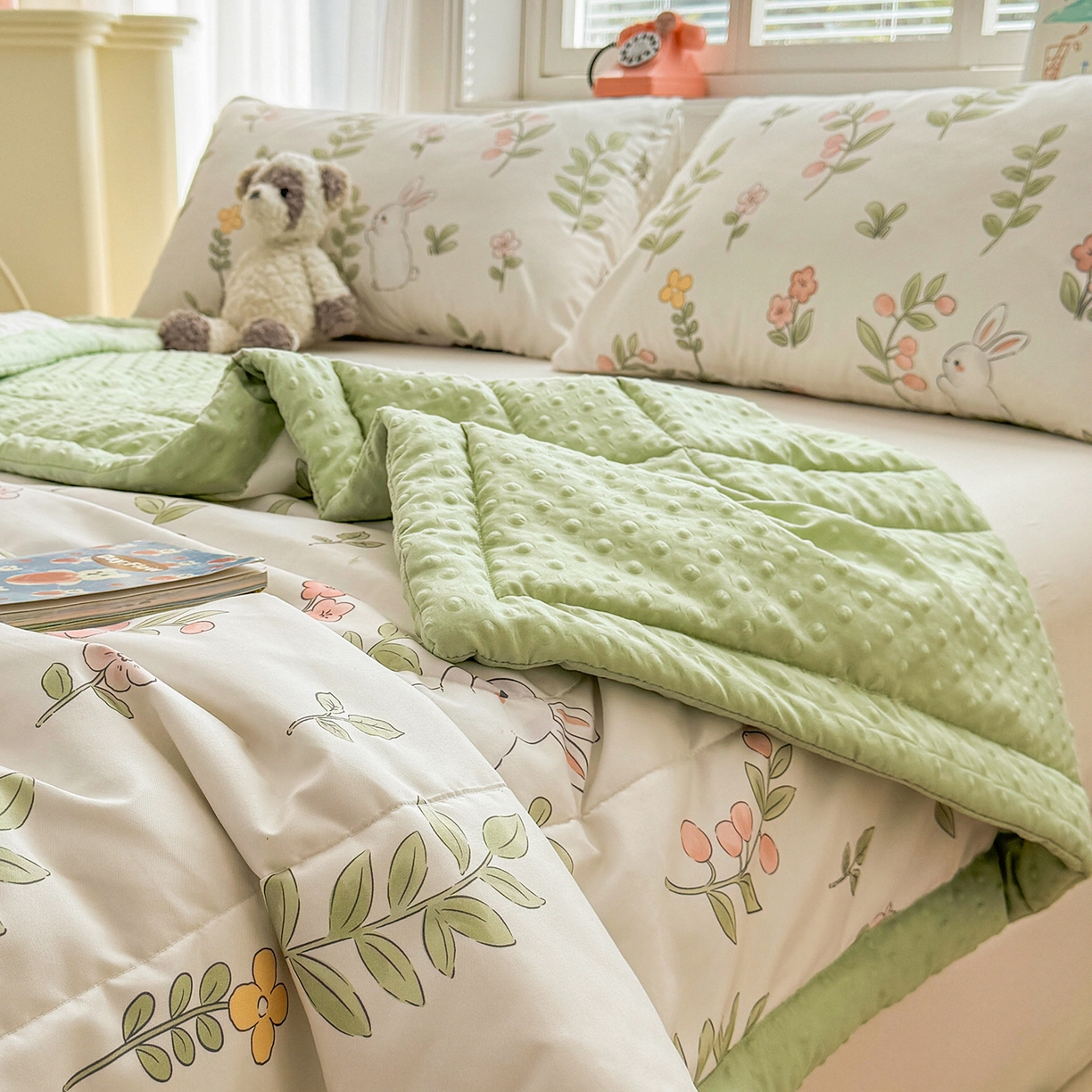 91家纺网 家纺一手货源 找家纺 悦织语 2026新款A类水洗棉双层纱豆豆被大豆夏凉被 微醺兔兔