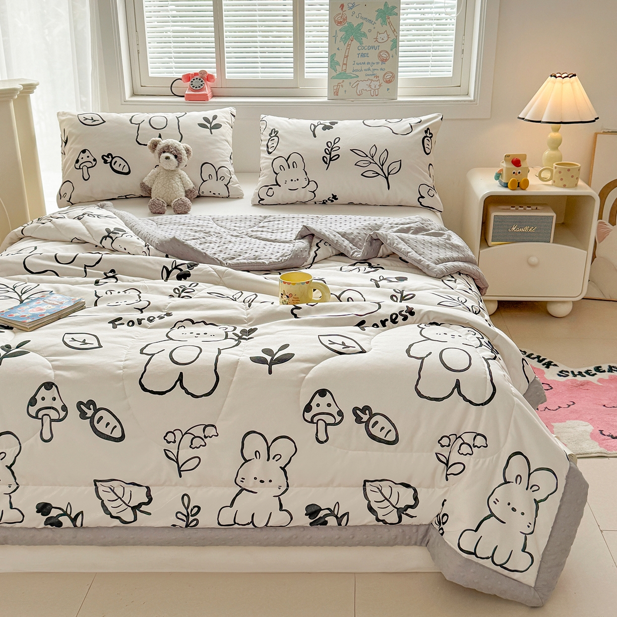 91家纺网 家纺一手货源 找家纺 悦织语 2026新款A类水洗棉双层纱豆豆被大豆夏凉被 线条兔