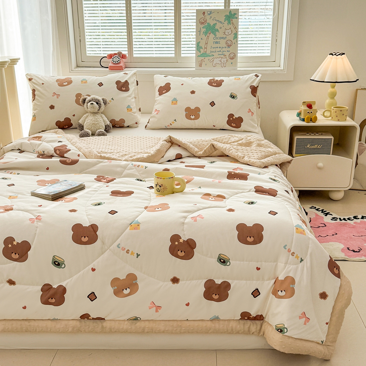 91家纺网 家纺一手货源 找家纺 悦织语 2026新款A类水洗棉双层纱豆豆被大豆夏凉被 元气小熊