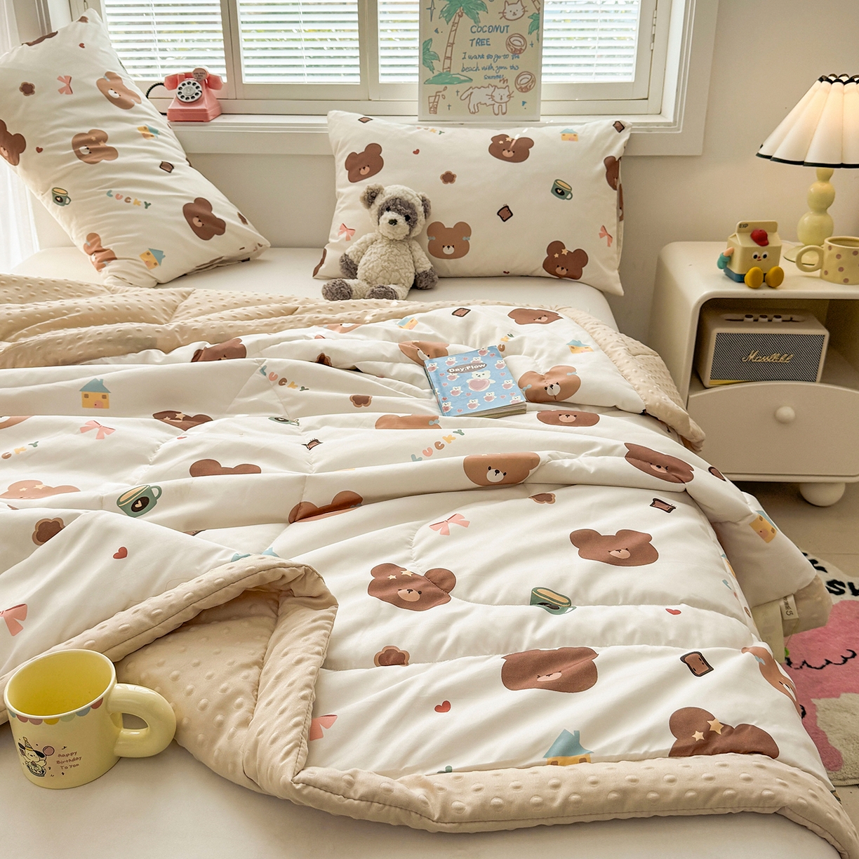 91家纺网 家纺一手货源 找家纺 悦织语 2026新款A类水洗棉双层纱豆豆被大豆夏凉被 元气小熊