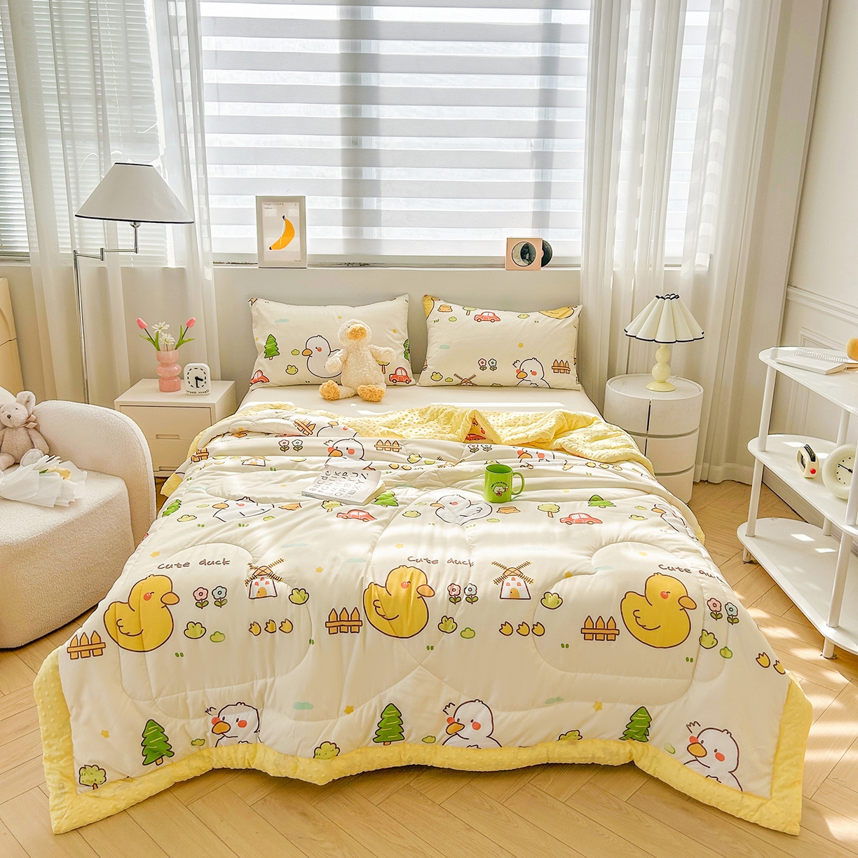 91家纺网 家纺一手货源 找家纺 悦织语 2026新款A类水洗棉双层纱豆豆被大豆夏凉被 可爱鸭