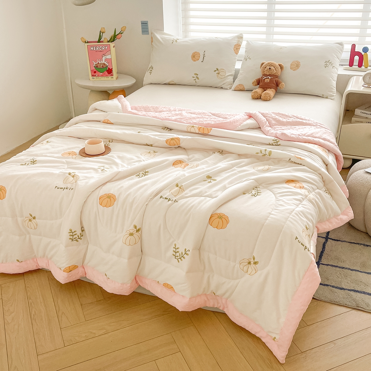 91家纺网 家纺一手货源 找家纺 悦织语 2026新款A类水洗棉双层纱豆豆被大豆夏凉被 彩色南瓜