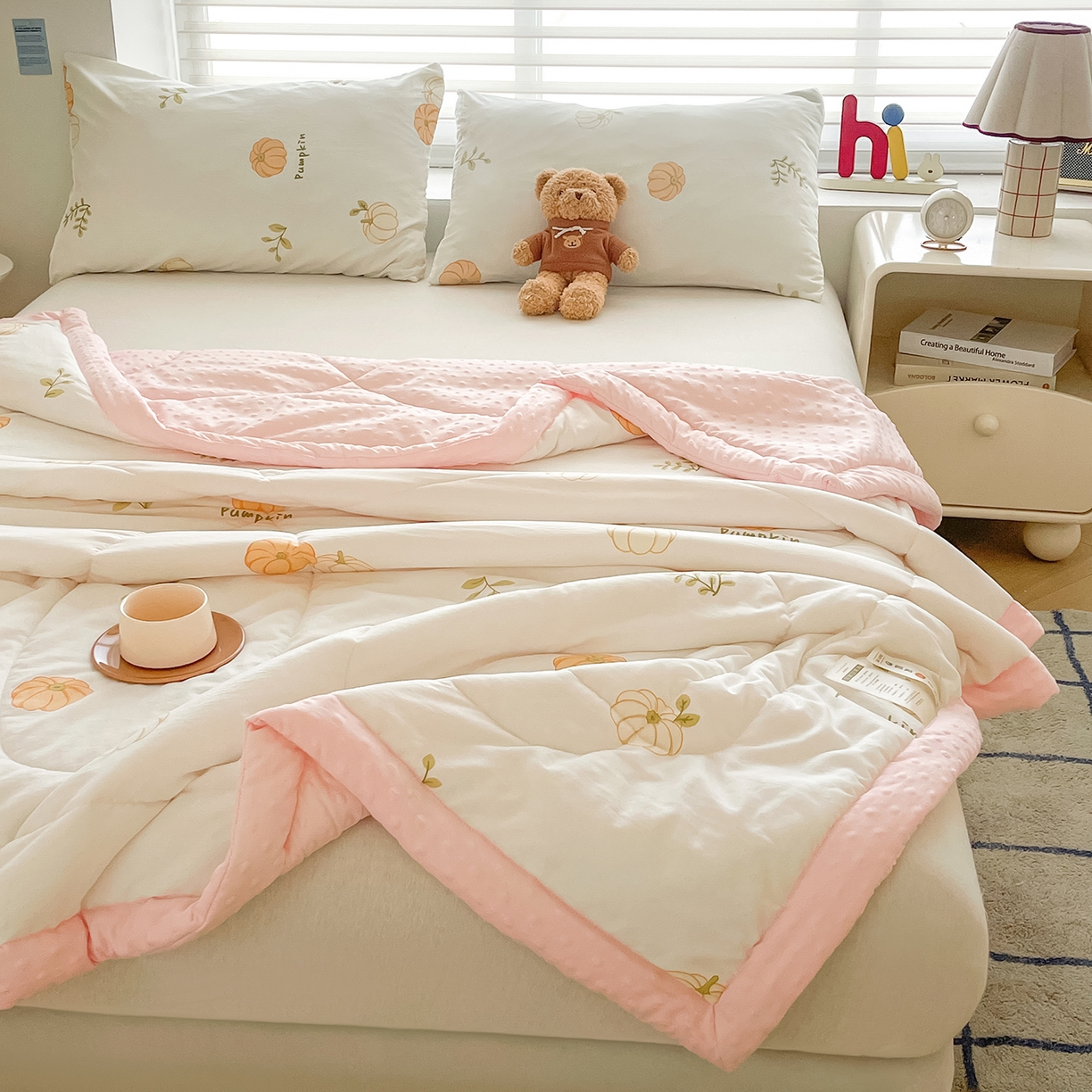 91家纺网 家纺一手货源 找家纺 悦织语 2026新款A类水洗棉双层纱豆豆被大豆夏凉被 彩色南瓜