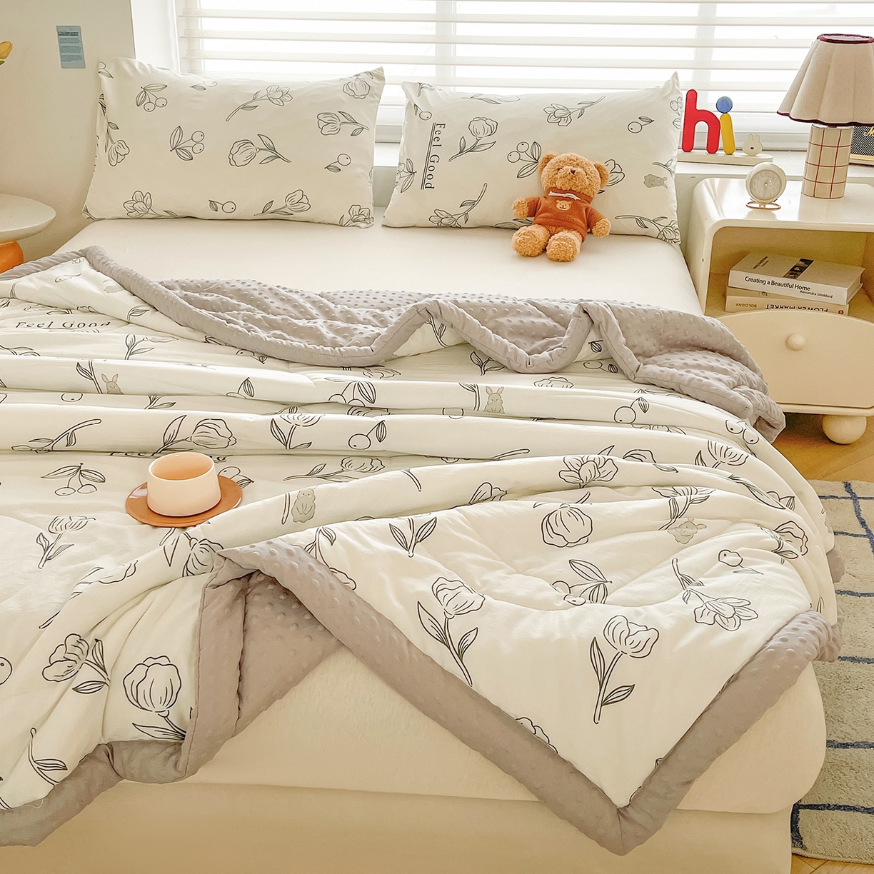 91家纺网 家纺一手货源 找家纺 悦织语 2026新款A类水洗棉双层纱豆豆被大豆夏凉被 春意