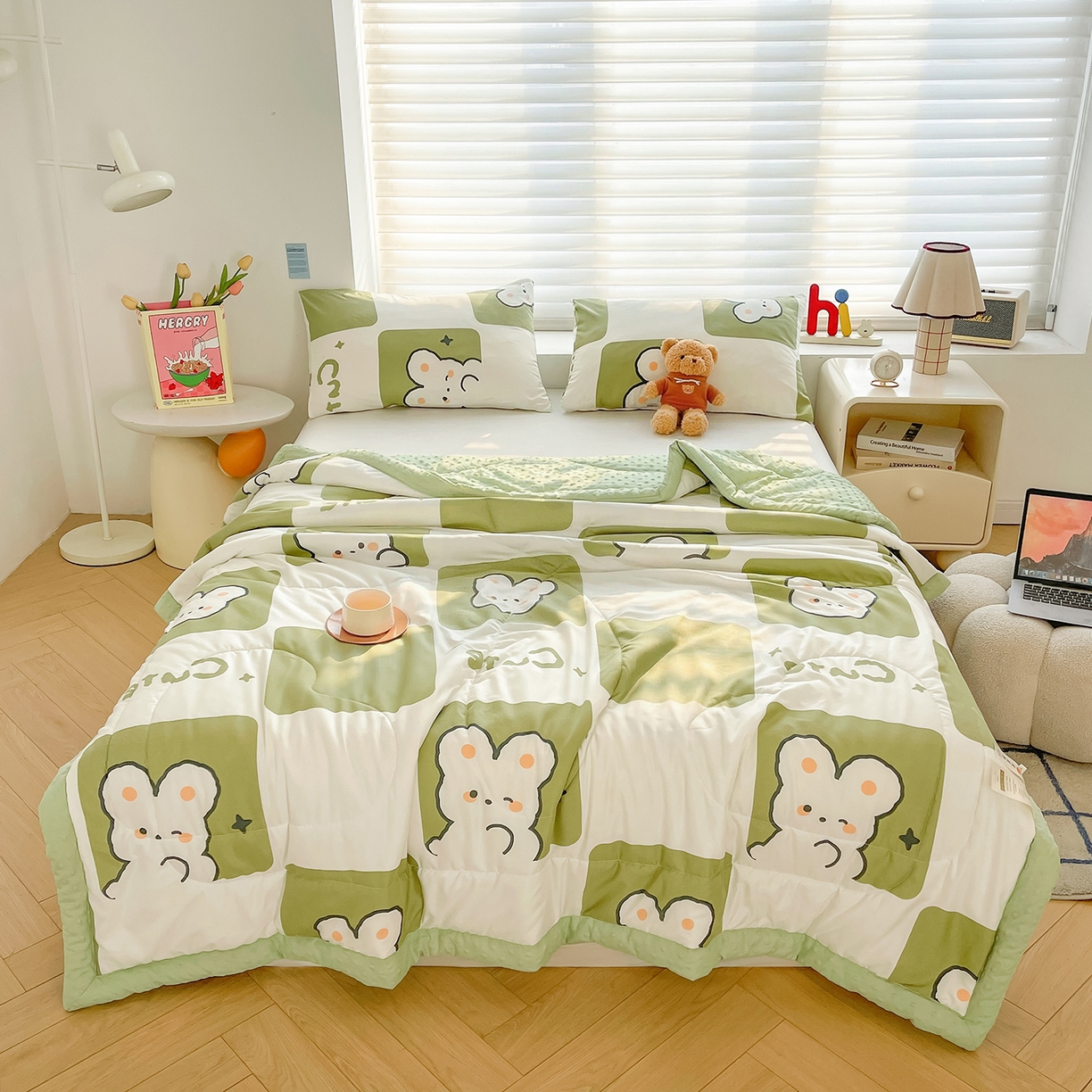 91家纺网 家纺一手货源 找家纺 悦织语 2026新款A类水洗棉双层纱豆豆被大豆夏凉被 格子兔