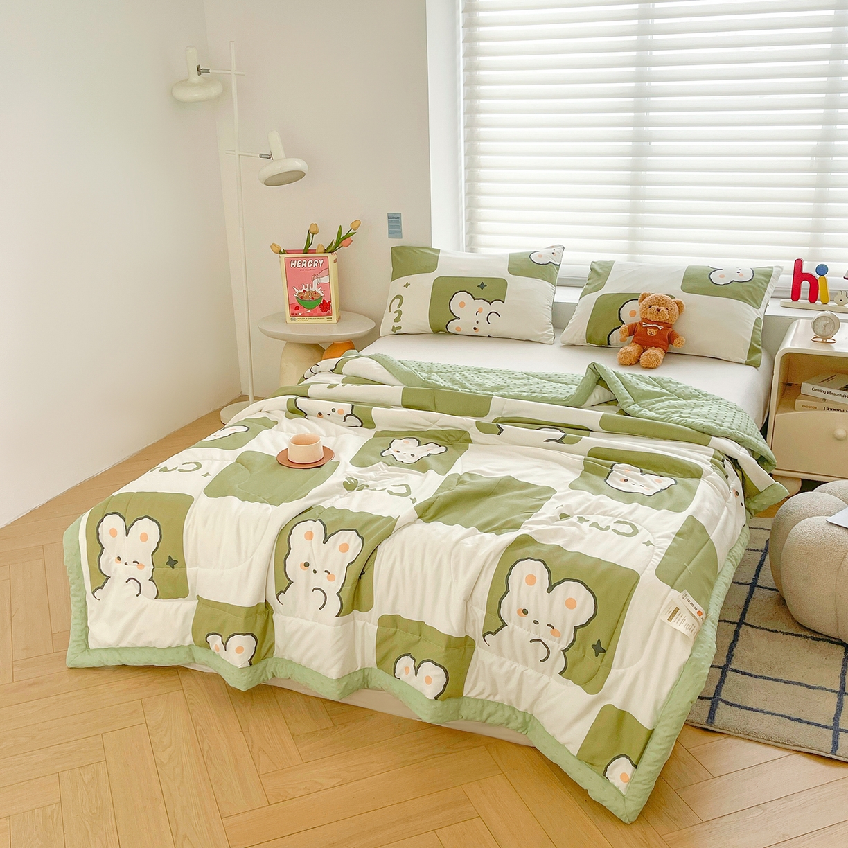 91家纺网 家纺一手货源 找家纺 悦织语 2026新款A类水洗棉双层纱豆豆被大豆夏凉被 格子兔