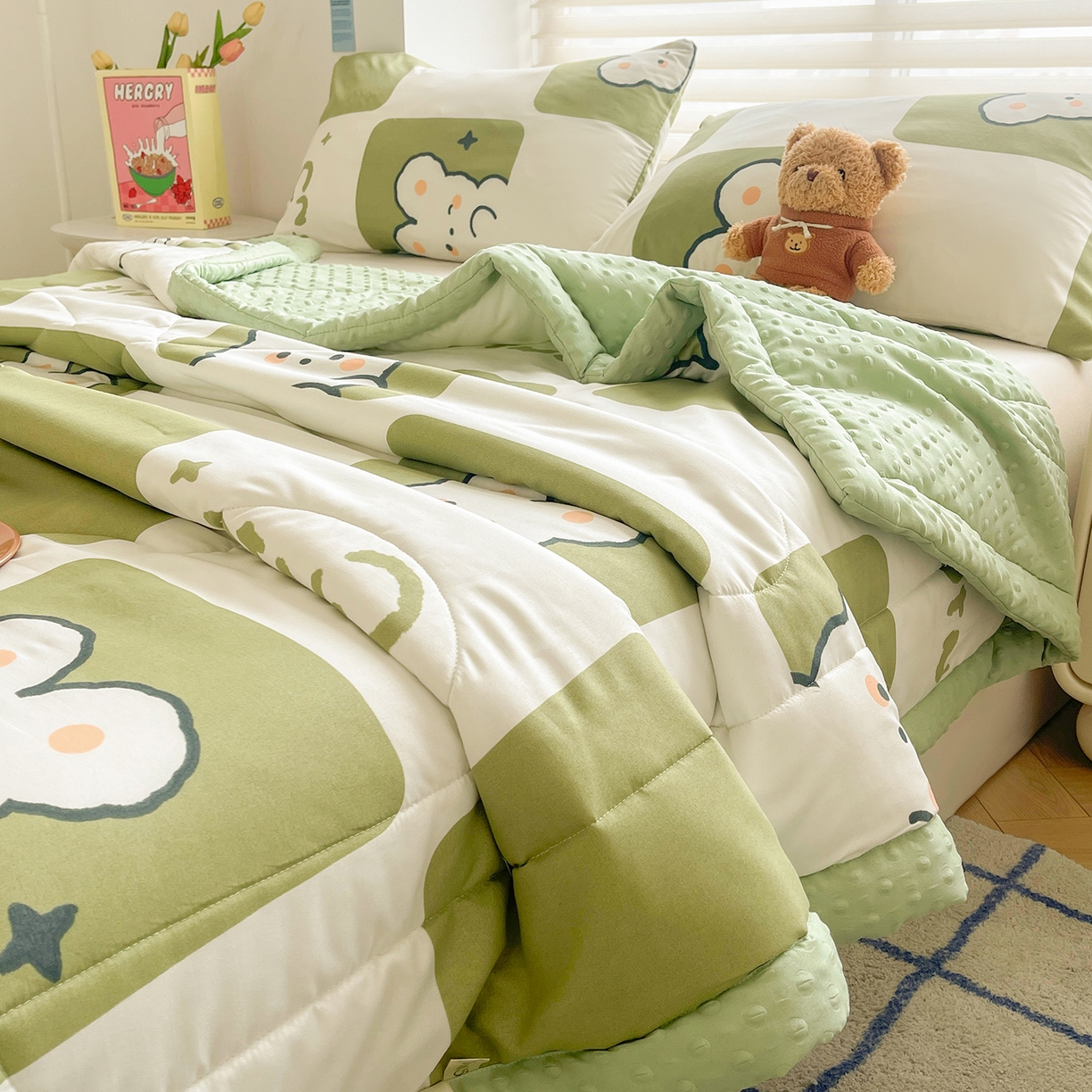 91家纺网 家纺一手货源 找家纺 悦织语 2026新款A类水洗棉双层纱豆豆被大豆夏凉被 格子兔