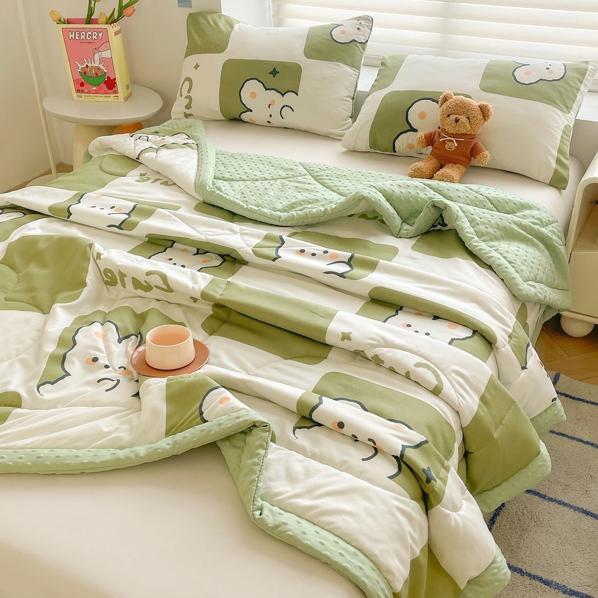 91家纺网 家纺一手货源 找家纺 悦织语 2026新款A类水洗棉双层纱豆豆被大豆夏凉被 格子兔