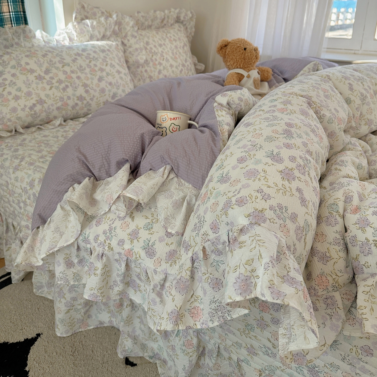 91家纺网 家纺一手货源 找家纺 （总）摩妮卡 2026春夏新款韩版花边水洗棉泡泡纱床盖四件套