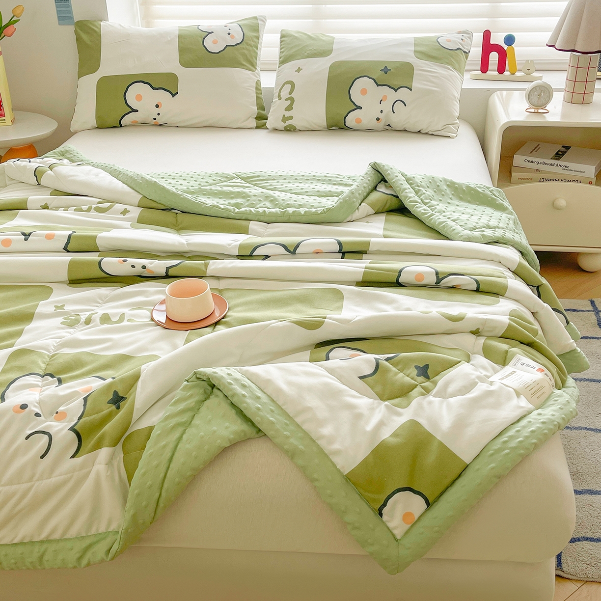 91家纺网 家纺一手货源 找家纺 悦织语 2026新款A类水洗棉双层纱豆豆被大豆夏凉被 格子兔