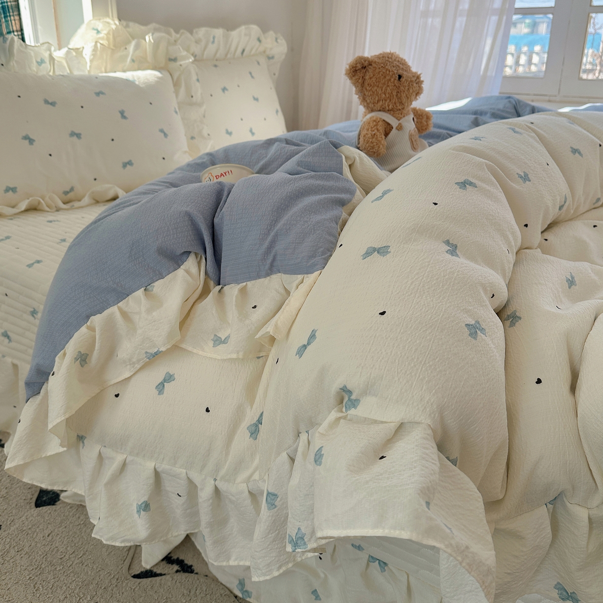 91家纺网 家纺一手货源 找家纺 （总）摩妮卡 2026春夏新款韩版花边水洗棉泡泡纱床盖四件套