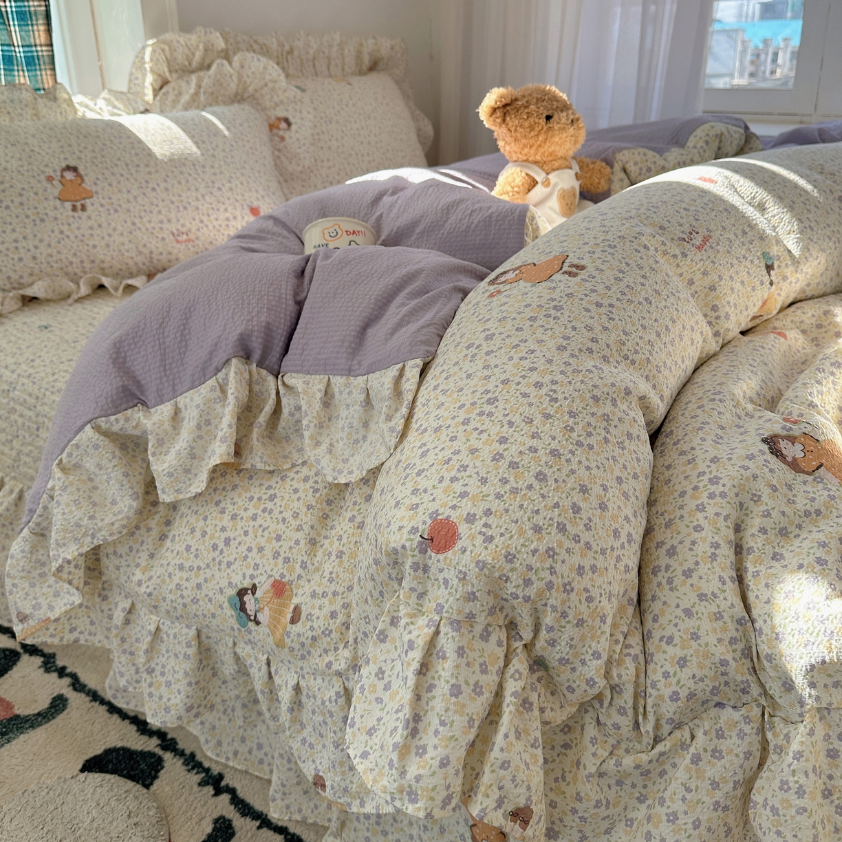 91家纺网 家纺一手货源 找家纺 （总）摩妮卡 2026春夏新款韩版花边水洗棉泡泡纱床盖四件套