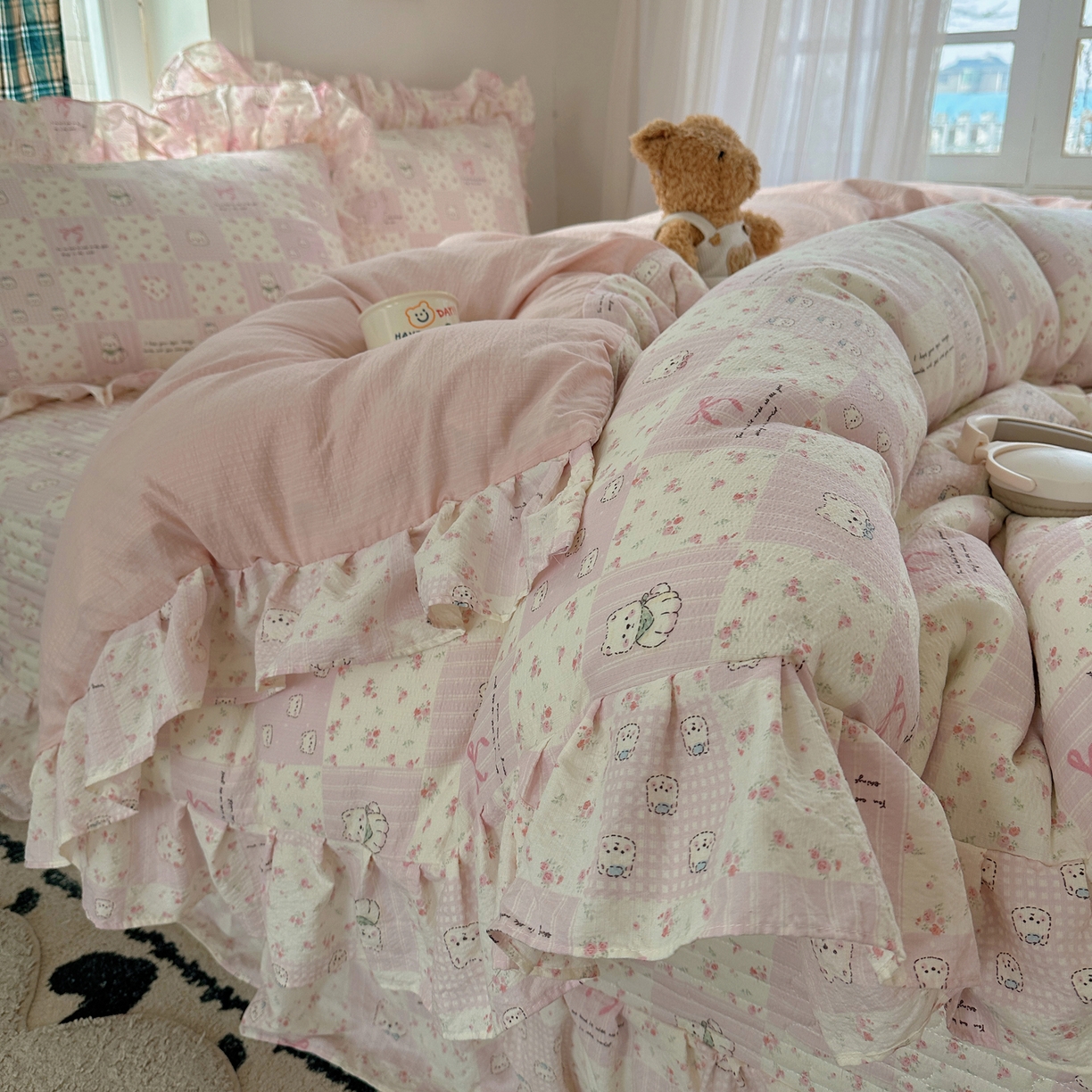 摩妮卡 2026春夏新款韩版花边水洗棉泡泡纱床盖四件套 蝴蝶结小猫