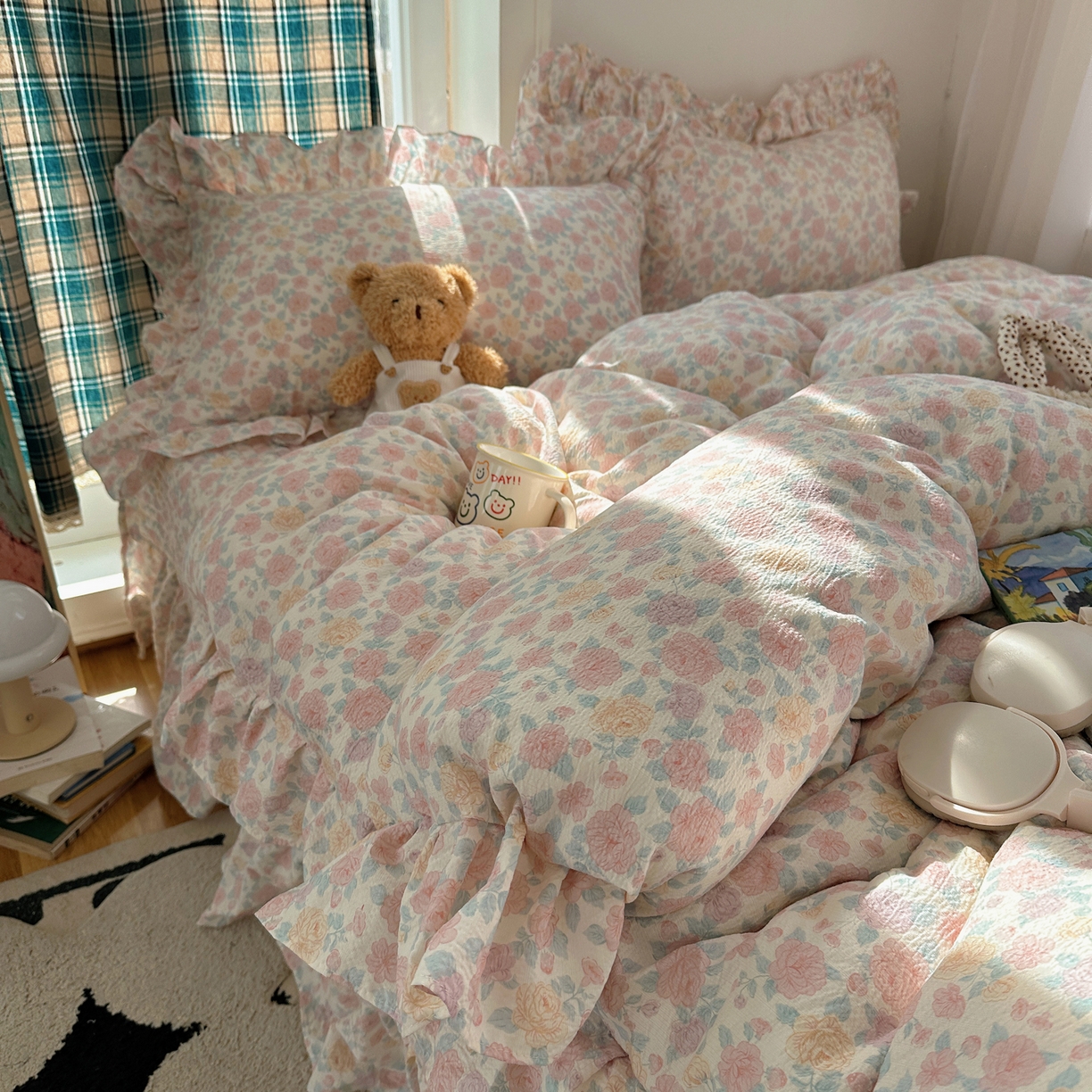 91家纺网 家纺一手货源 找家纺 摩妮卡 2026春夏新款韩版花边水洗棉泡泡纱床盖四件套 星月软糖