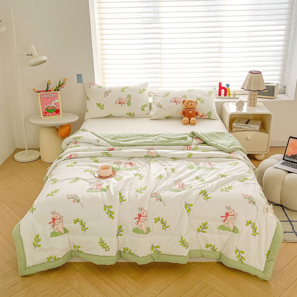 91家纺网 家纺一手货源 找家纺 悦织语 2026新款A类水洗棉双层纱豆豆被大豆夏凉被 花间小兔