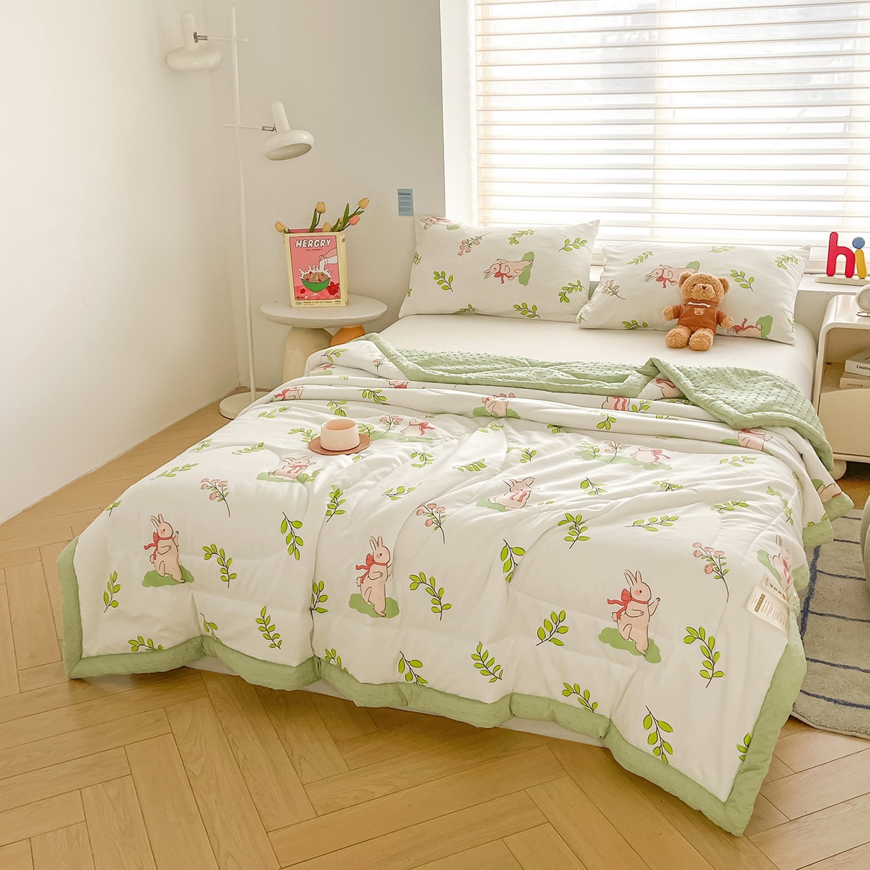 91家纺网 家纺一手货源 找家纺 悦织语 2026新款A类水洗棉双层纱豆豆被大豆夏凉被 花间小兔