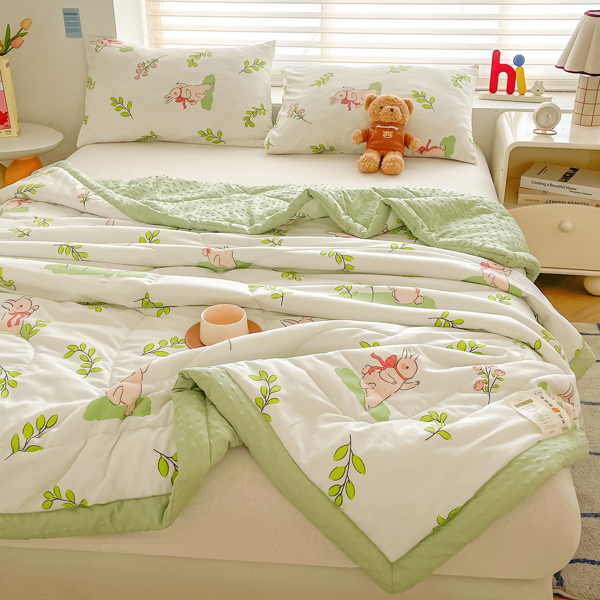 91家纺网 家纺一手货源 找家纺 悦织语 2026新款A类水洗棉双层纱豆豆被大豆夏凉被 花间小兔