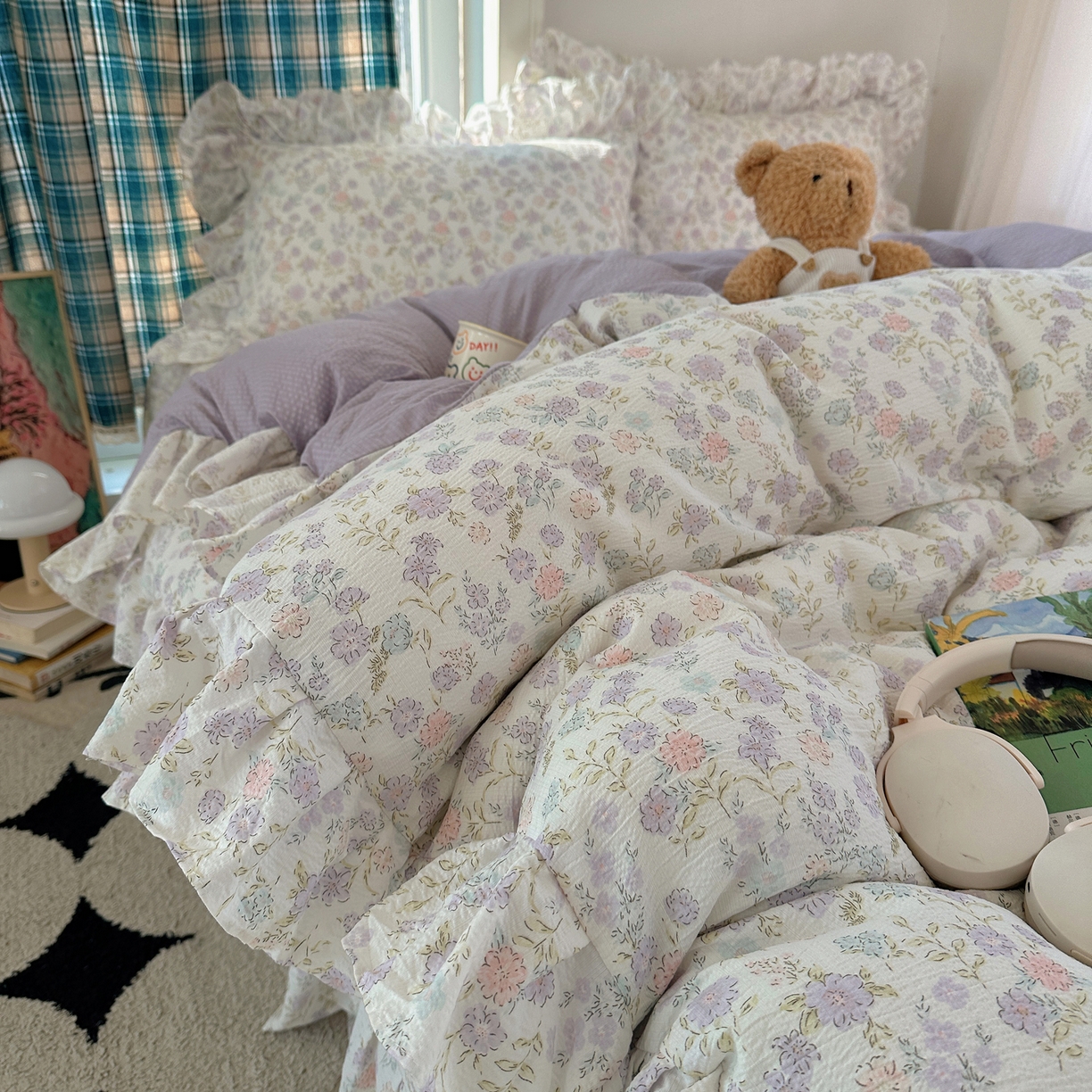 91家纺网 家纺一手货源 找家纺 摩妮卡 2026春夏新款韩版花边水洗棉泡泡纱床盖四件套 爱丽丝花园