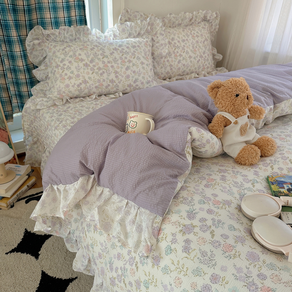 91家纺网 家纺一手货源 找家纺 摩妮卡 2026春夏新款韩版花边水洗棉泡泡纱床盖四件套 爱丽丝花园