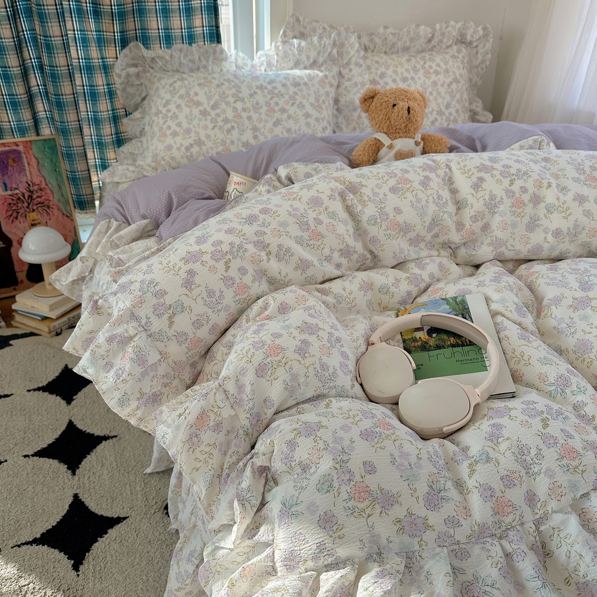 91家纺网 家纺一手货源 找家纺 摩妮卡 2026春夏新款韩版花边水洗棉泡泡纱床盖四件套 爱丽丝花园