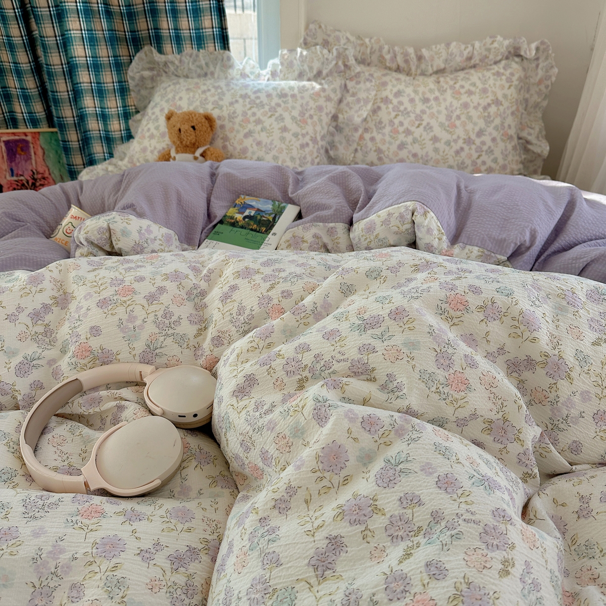 91家纺网 家纺一手货源 找家纺 摩妮卡 2026春夏新款韩版花边水洗棉泡泡纱床盖四件套 爱丽丝花园