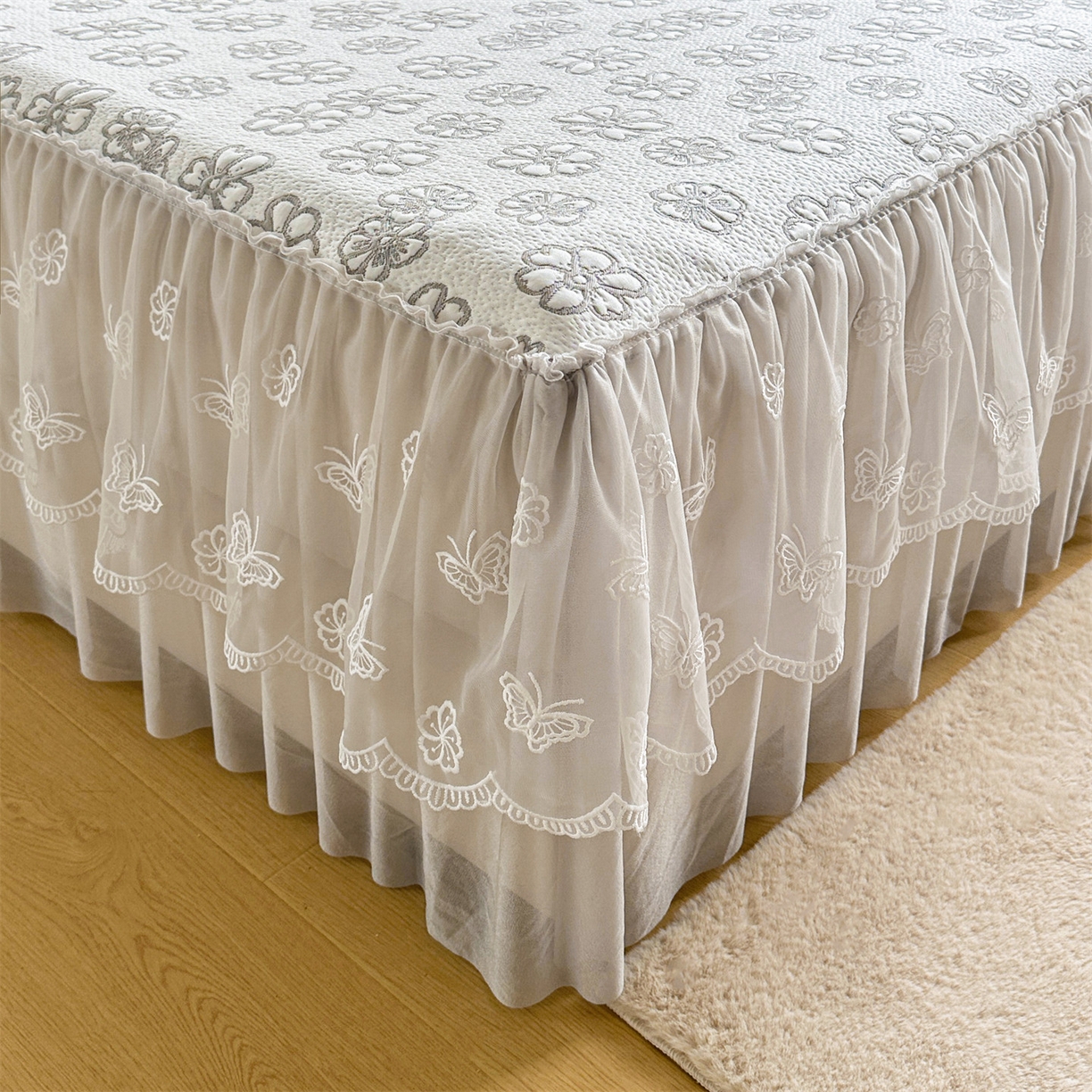 91家纺网 家纺一手货源 找家纺 恒爱家纺 2026新款A类凉感冰豆豆床裙席三件套 风花雪月-灰