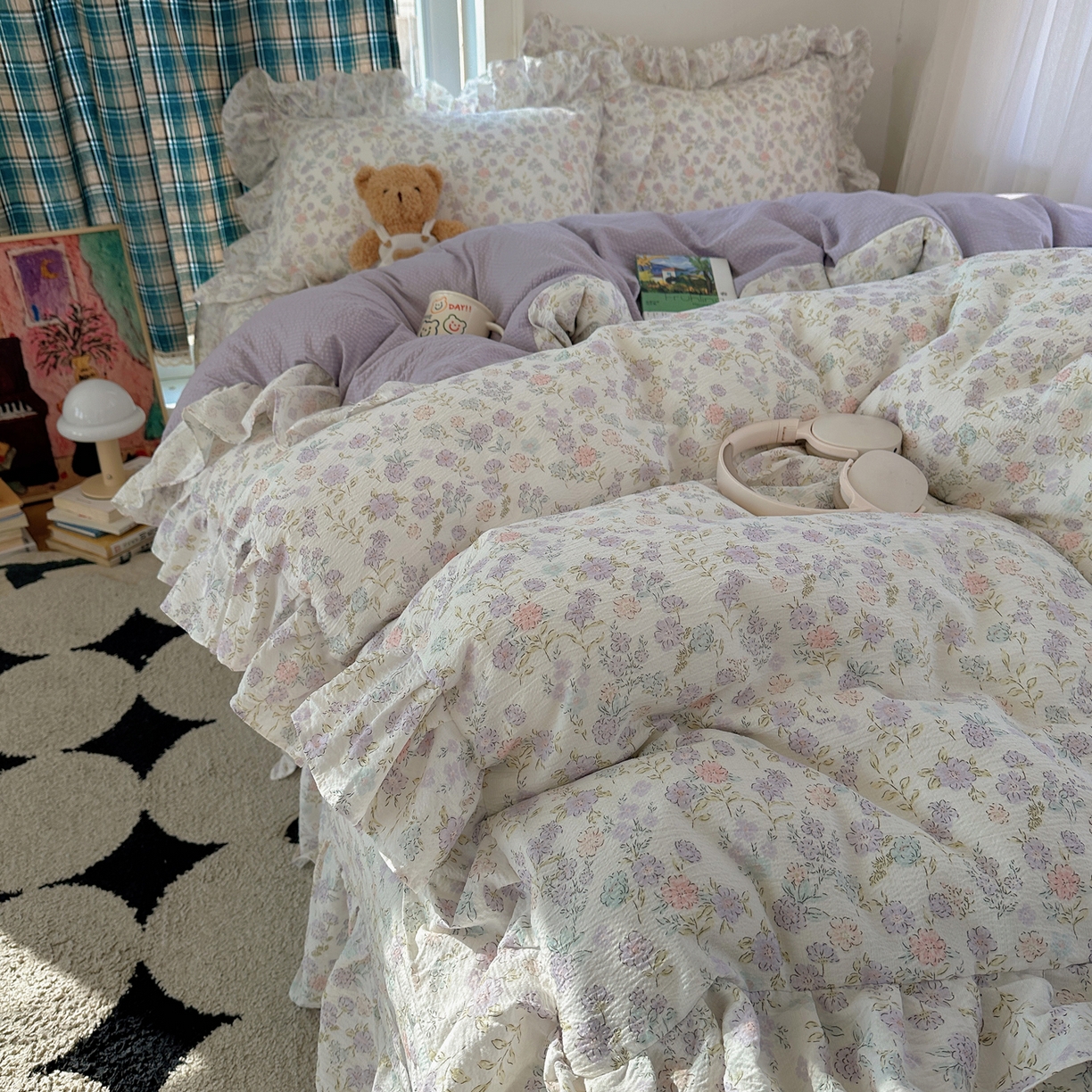 91家纺网 家纺一手货源 找家纺 摩妮卡 2026春夏新款韩版花边水洗棉泡泡纱床盖四件套 爱丽丝花园