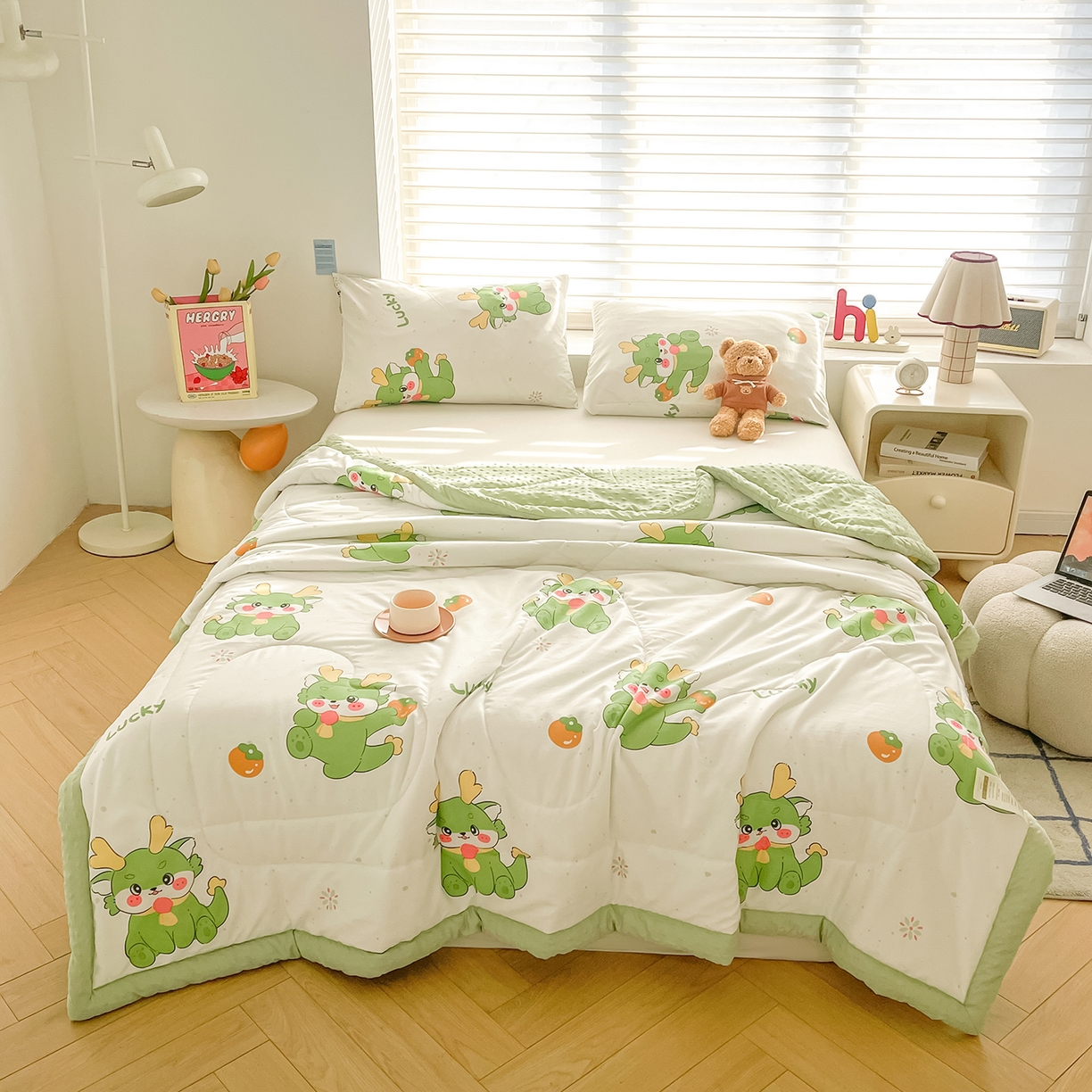 91家纺网 家纺一手货源 找家纺 悦织语 2026新款A类水洗棉双层纱豆豆被大豆夏凉被 快乐龙仔