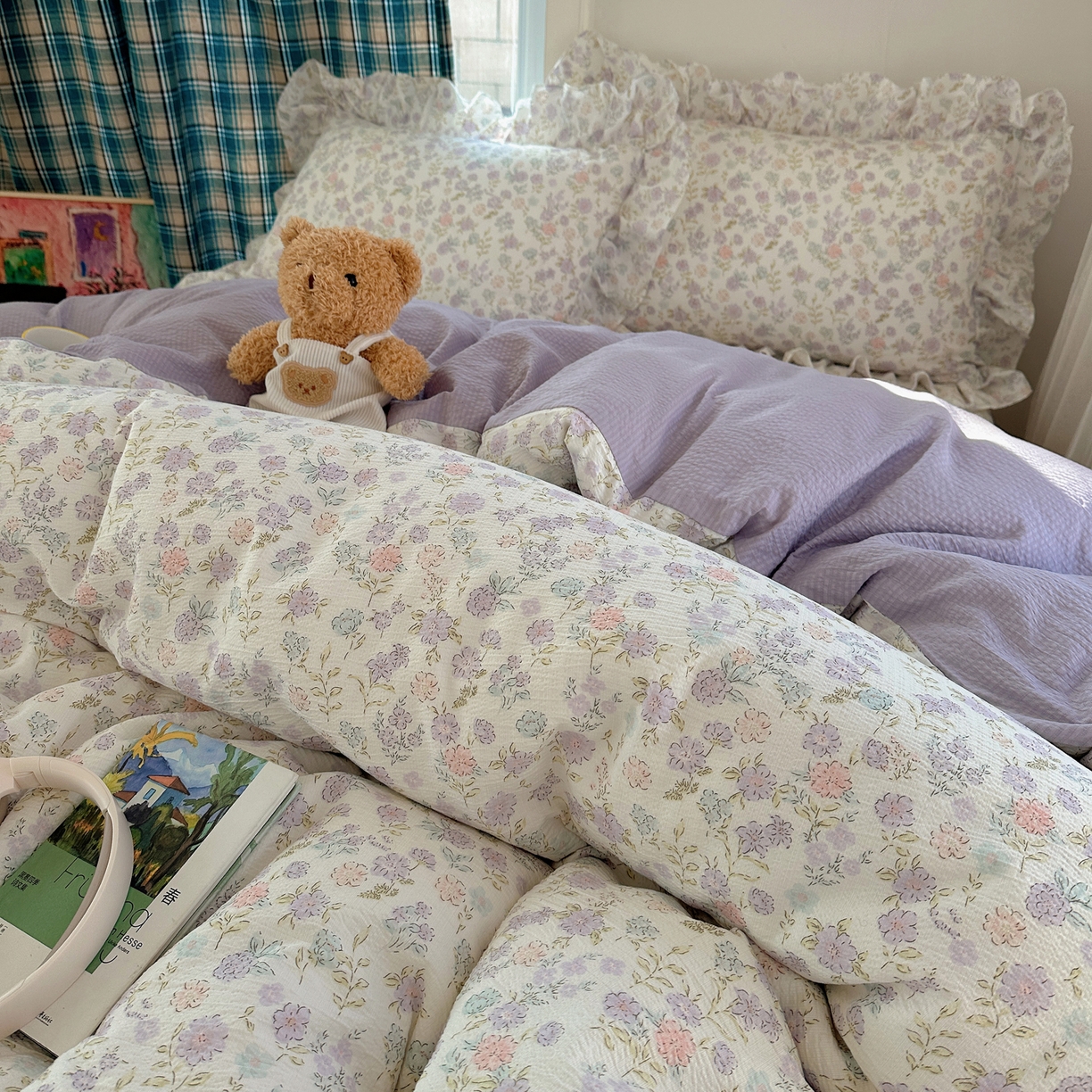 91家纺网 家纺一手货源 找家纺 摩妮卡 2026春夏新款韩版花边水洗棉泡泡纱床盖四件套 爱丽丝花园