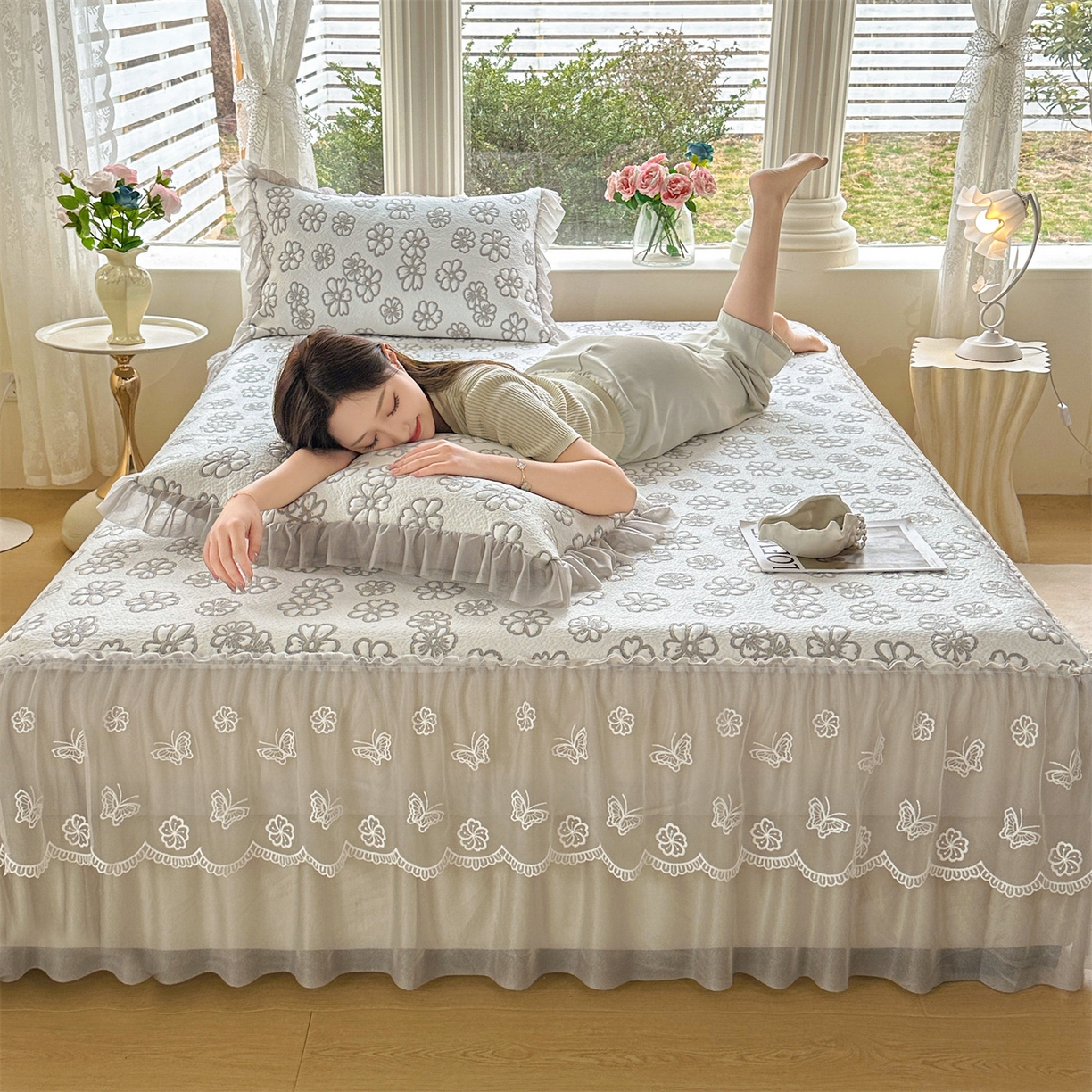 91家纺网 家纺一手货源 找家纺 恒爱家纺 2026新款A类凉感冰豆豆床裙席三件套 风花雪月-灰