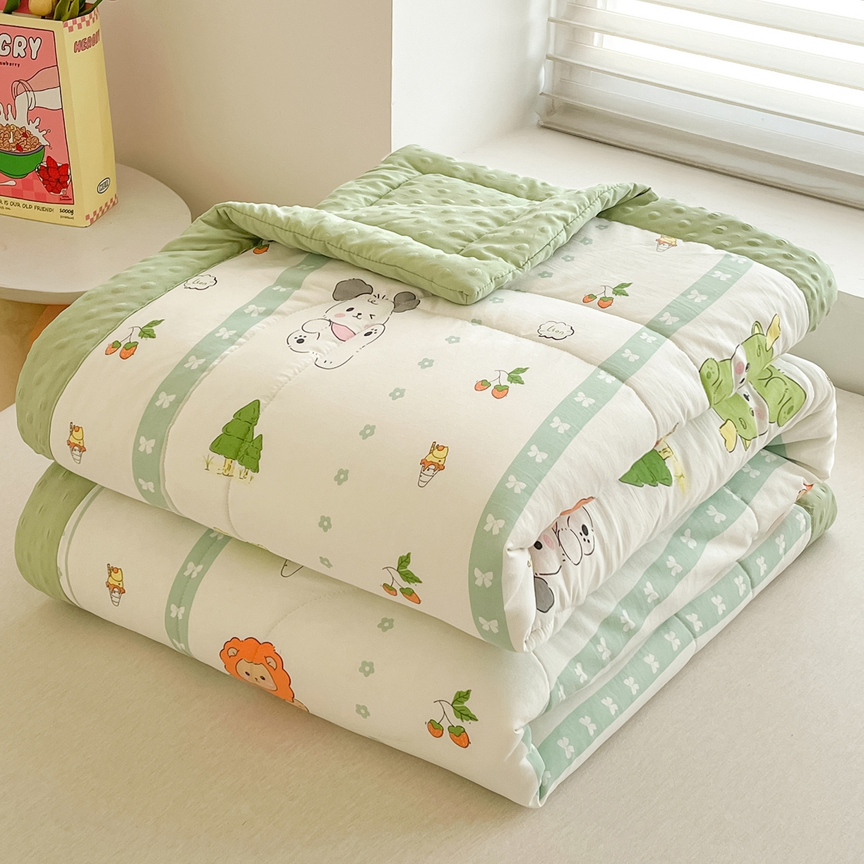 91家纺网 家纺一手货源 找家纺 悦织语 2026新款A类水洗棉双层纱豆豆被大豆夏凉被 森林宝贝