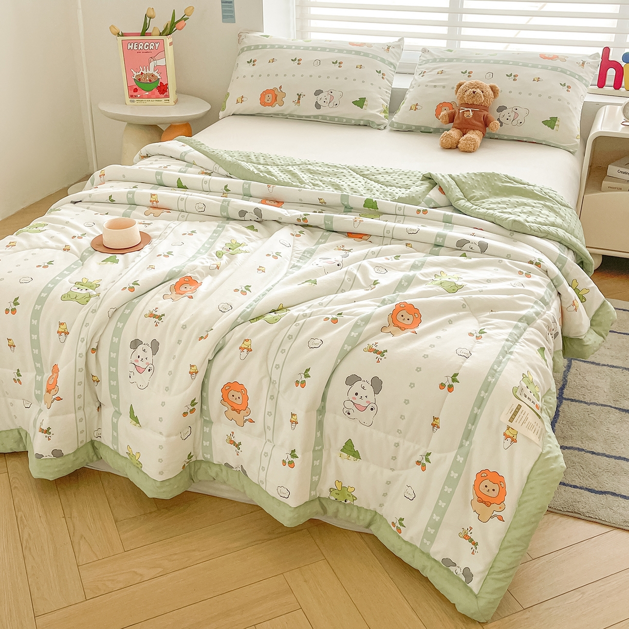 91家纺网 家纺一手货源 找家纺 悦织语 2026新款A类水洗棉双层纱豆豆被大豆夏凉被 森林宝贝