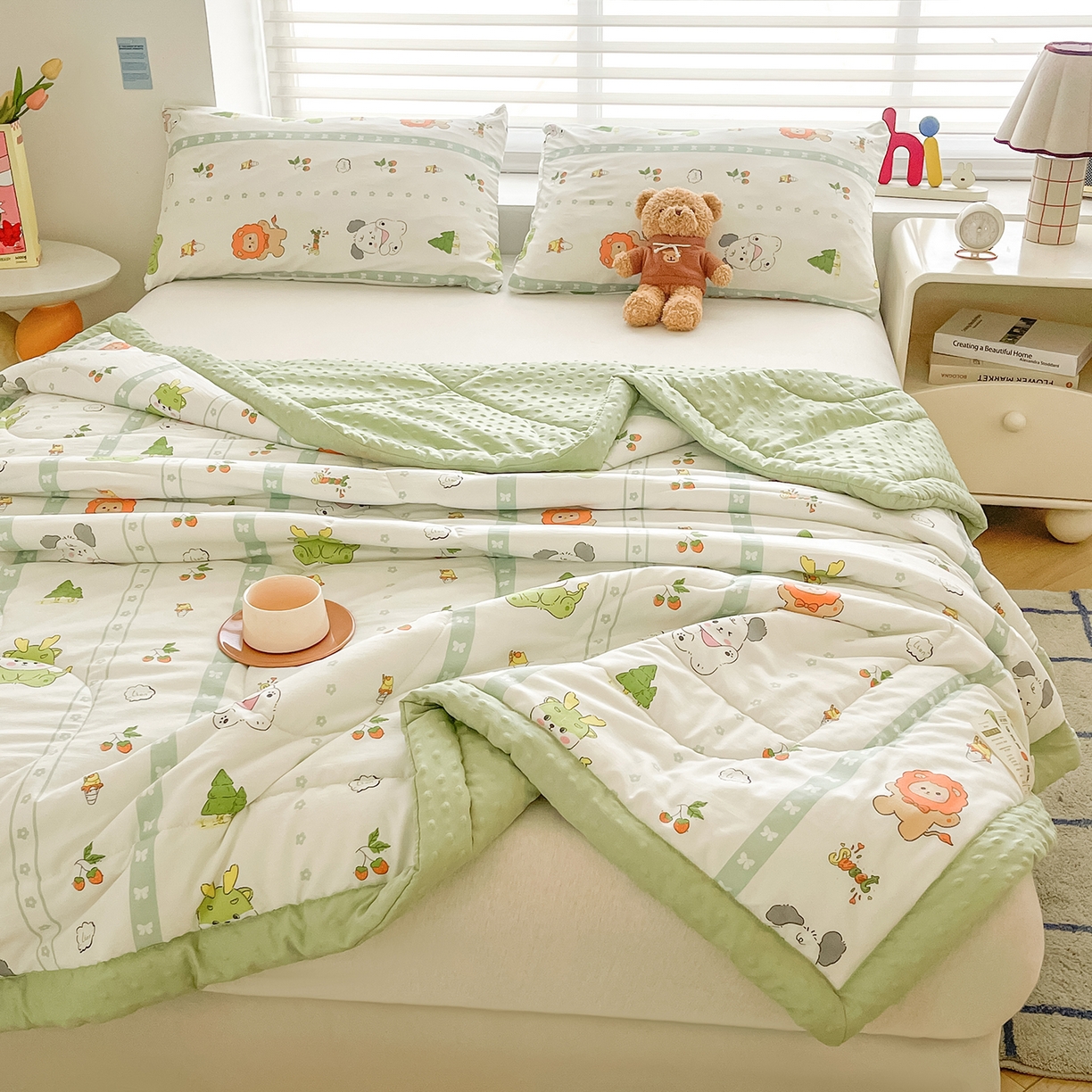 91家纺网 家纺一手货源 找家纺 悦织语 2026新款A类水洗棉双层纱豆豆被大豆夏凉被 森林宝贝