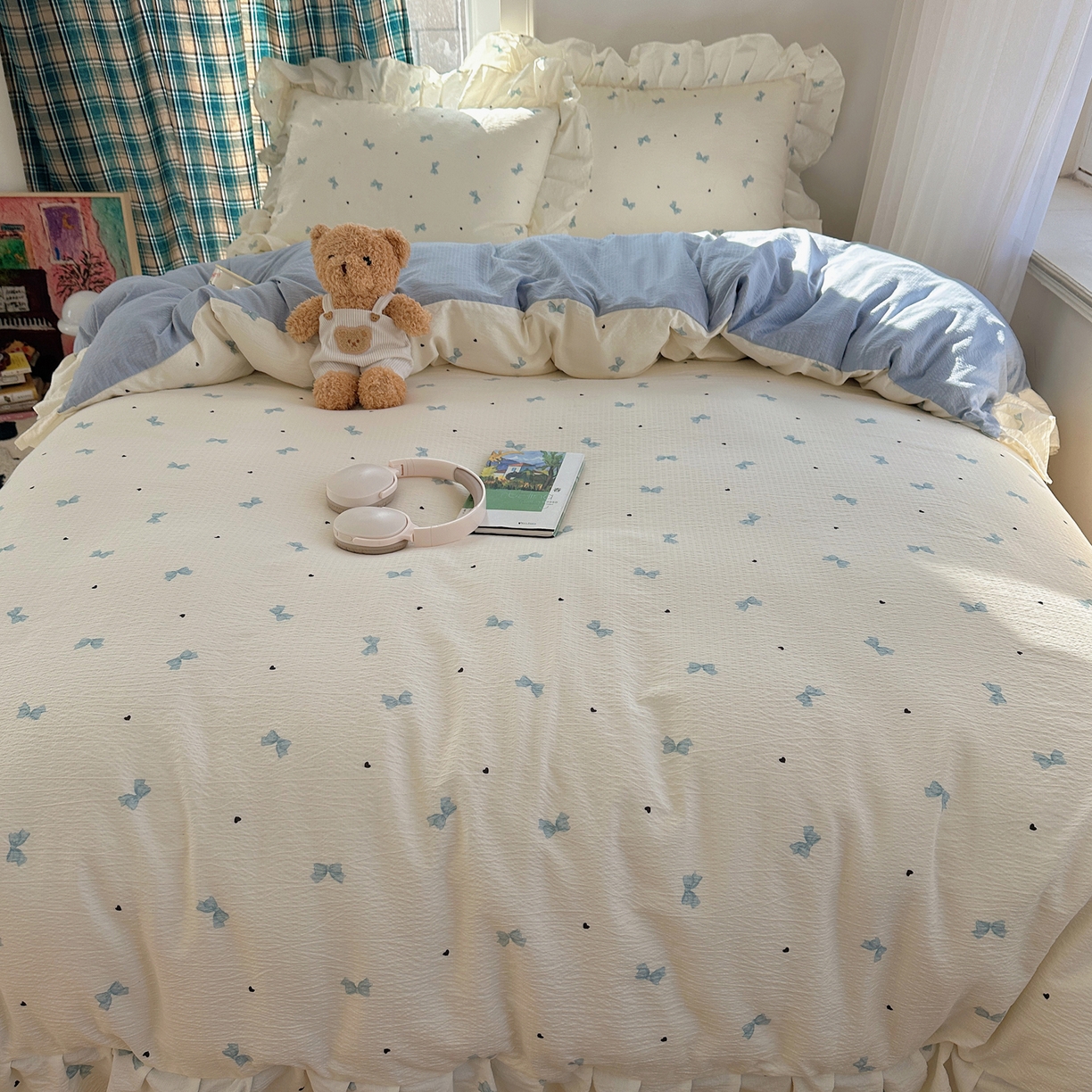 91家纺网 家纺一手货源 找家纺 摩妮卡 2026春夏新款韩版花边水洗棉泡泡纱床盖四件套 奶油啵啵