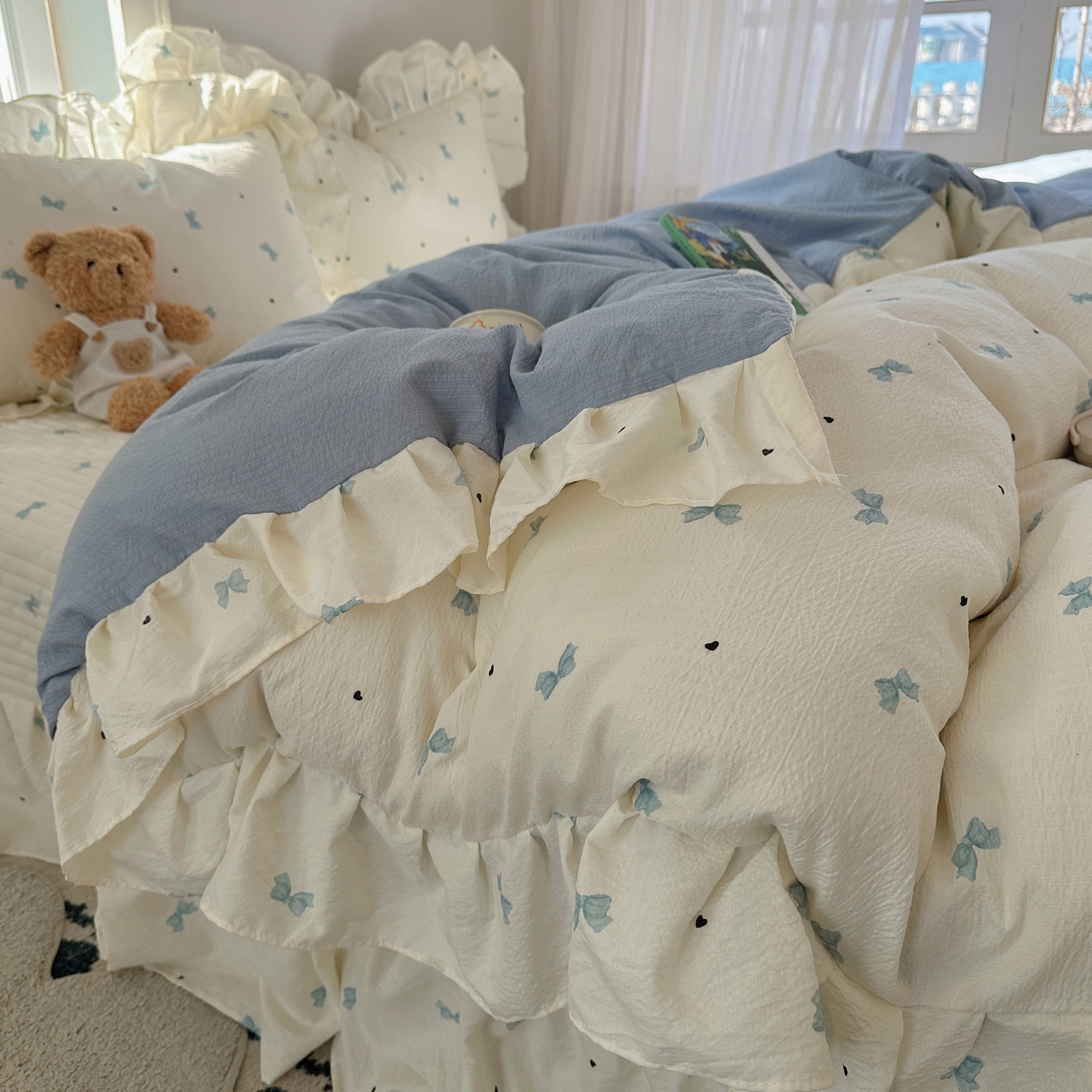 91家纺网 家纺一手货源 找家纺 摩妮卡 2026春夏新款韩版花边水洗棉泡泡纱床盖四件套 奶油啵啵