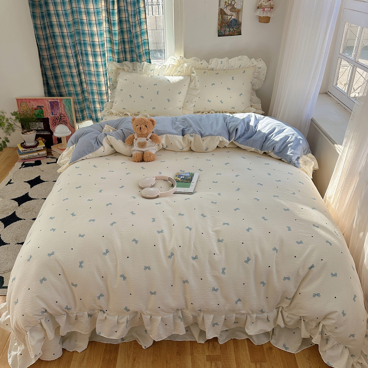 91家纺网 家纺一手货源 找家纺 摩妮卡 2026春夏新款韩版花边水洗棉泡泡纱床盖四件套 奶油啵啵