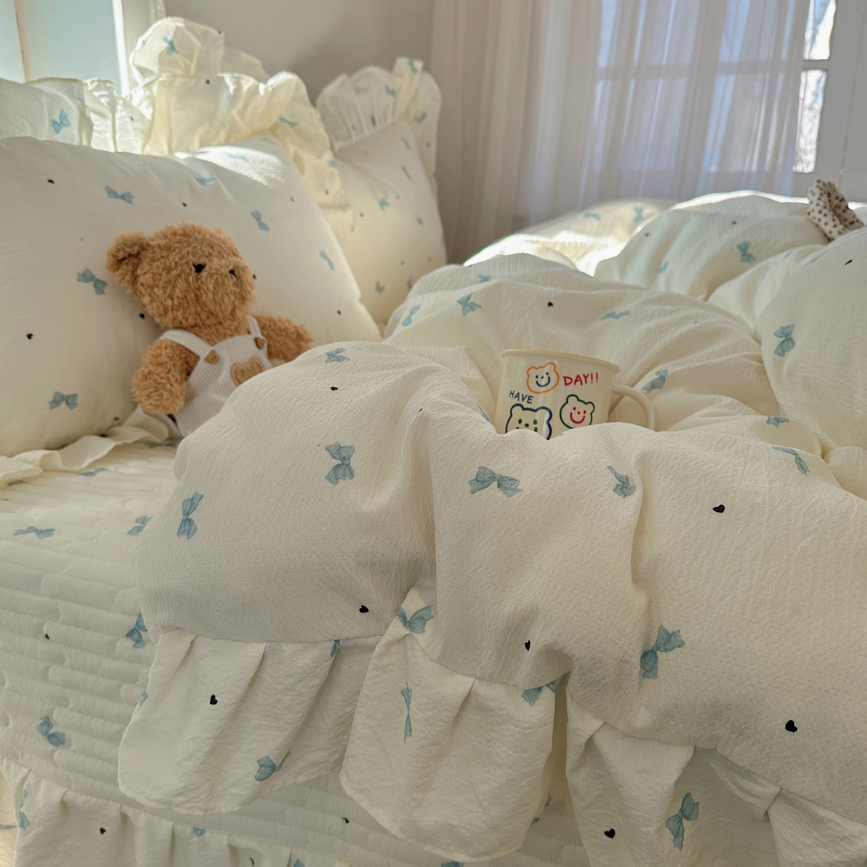 91家纺网 家纺一手货源 找家纺 摩妮卡 2026春夏新款韩版花边水洗棉泡泡纱床盖四件套 奶油啵啵