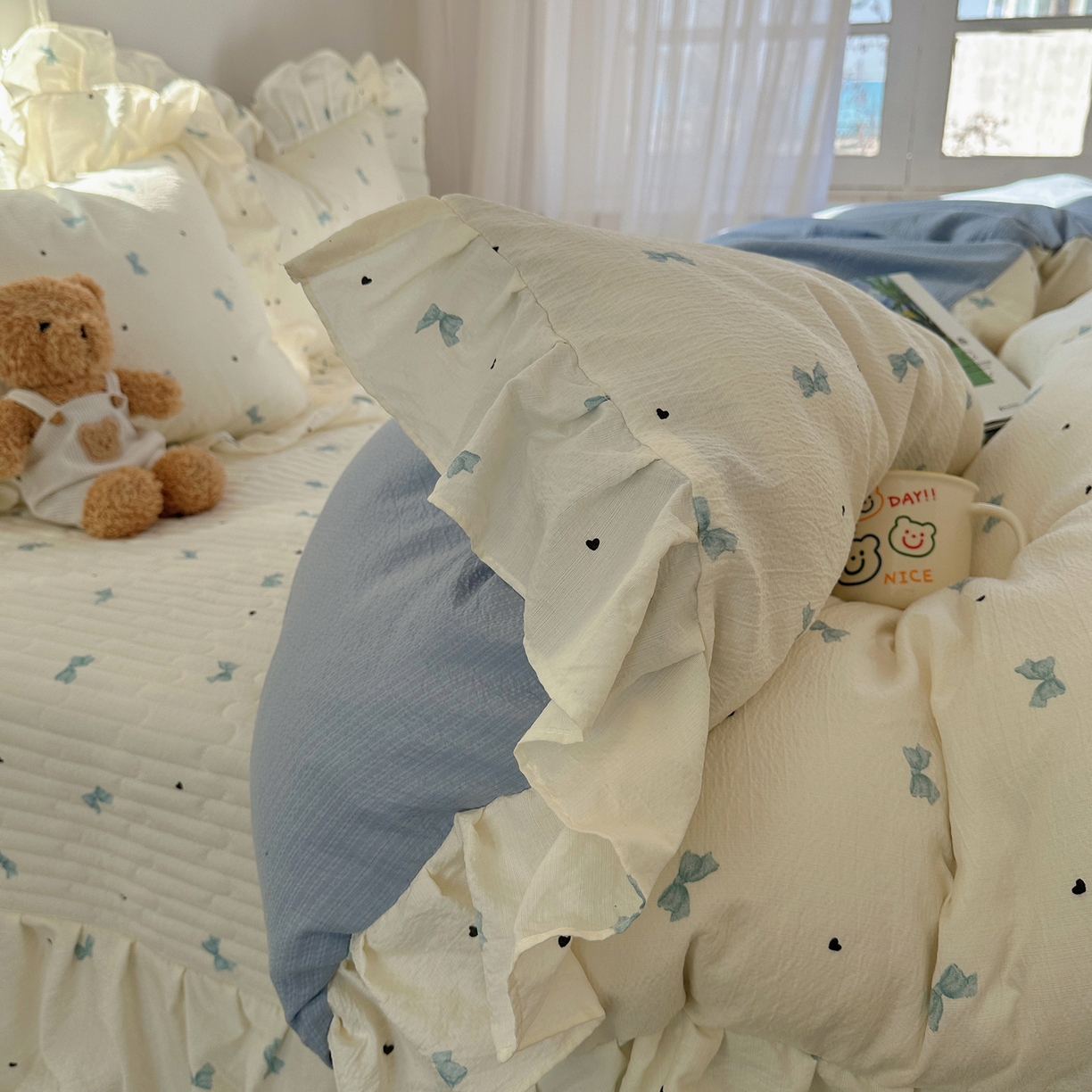 91家纺网 家纺一手货源 找家纺 摩妮卡 2026春夏新款韩版花边水洗棉泡泡纱床盖四件套 奶油啵啵