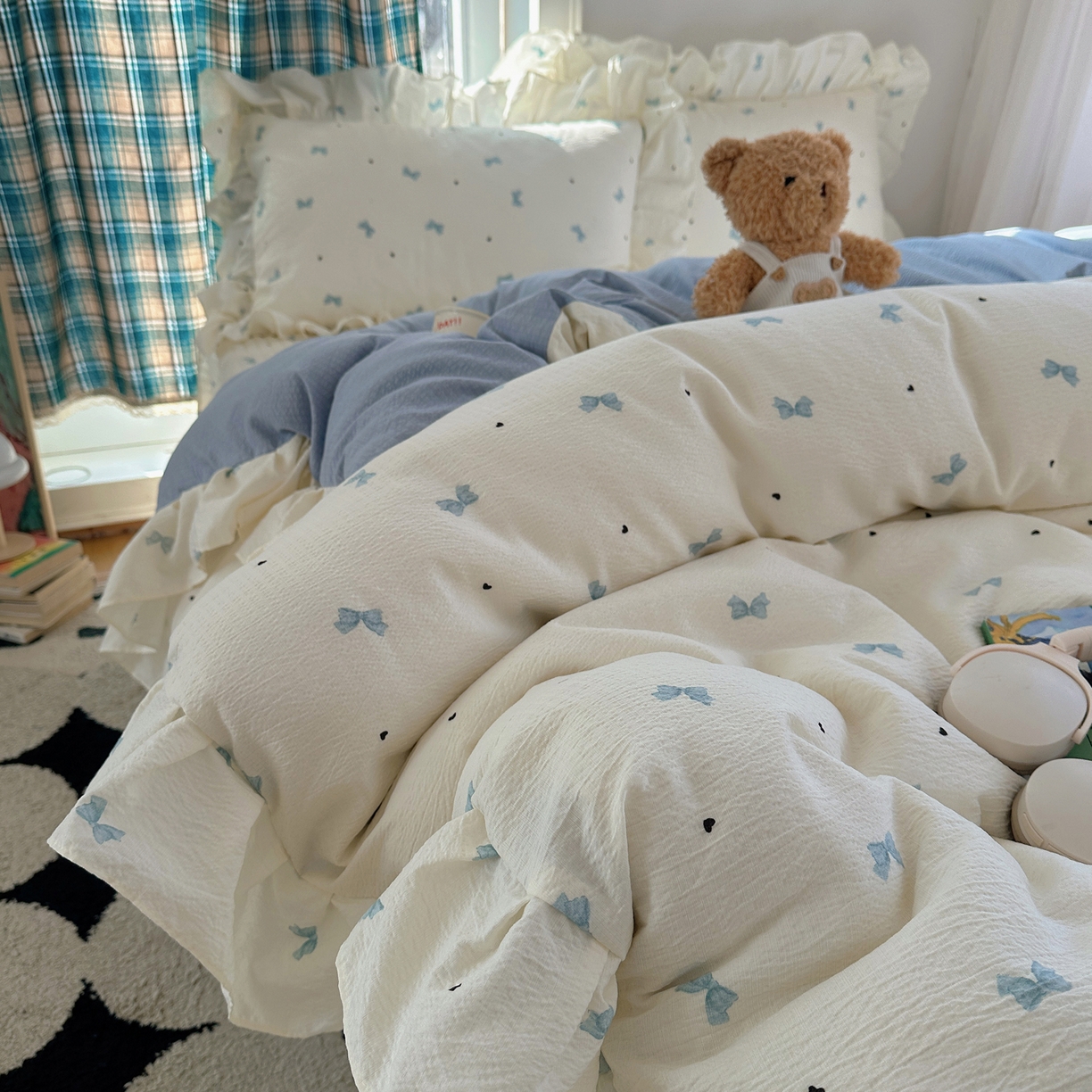 91家纺网 家纺一手货源 找家纺 摩妮卡 2026春夏新款韩版花边水洗棉泡泡纱床盖四件套 奶油啵啵