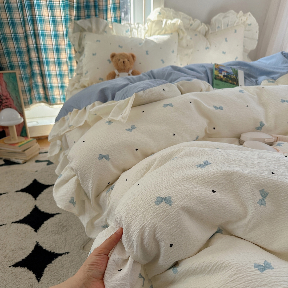 91家纺网 家纺一手货源 找家纺 摩妮卡 2026春夏新款韩版花边水洗棉泡泡纱床盖四件套 奶油啵啵