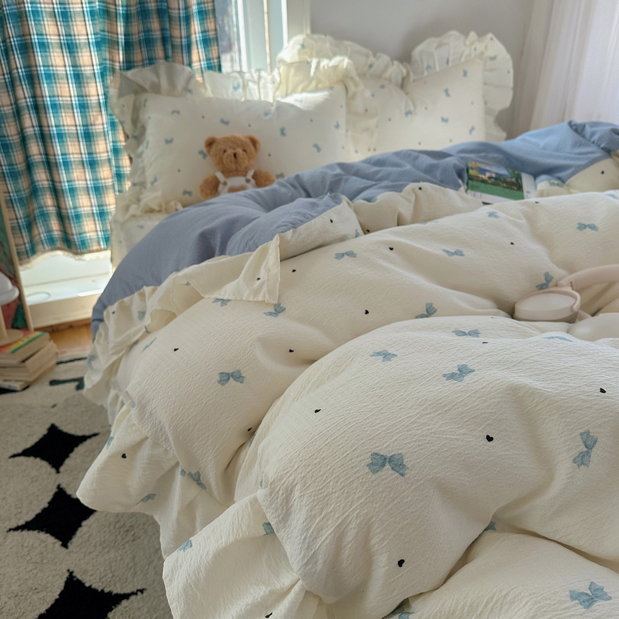 91家纺网 家纺一手货源 找家纺 摩妮卡 2026春夏新款韩版花边水洗棉泡泡纱床盖四件套 奶油啵啵