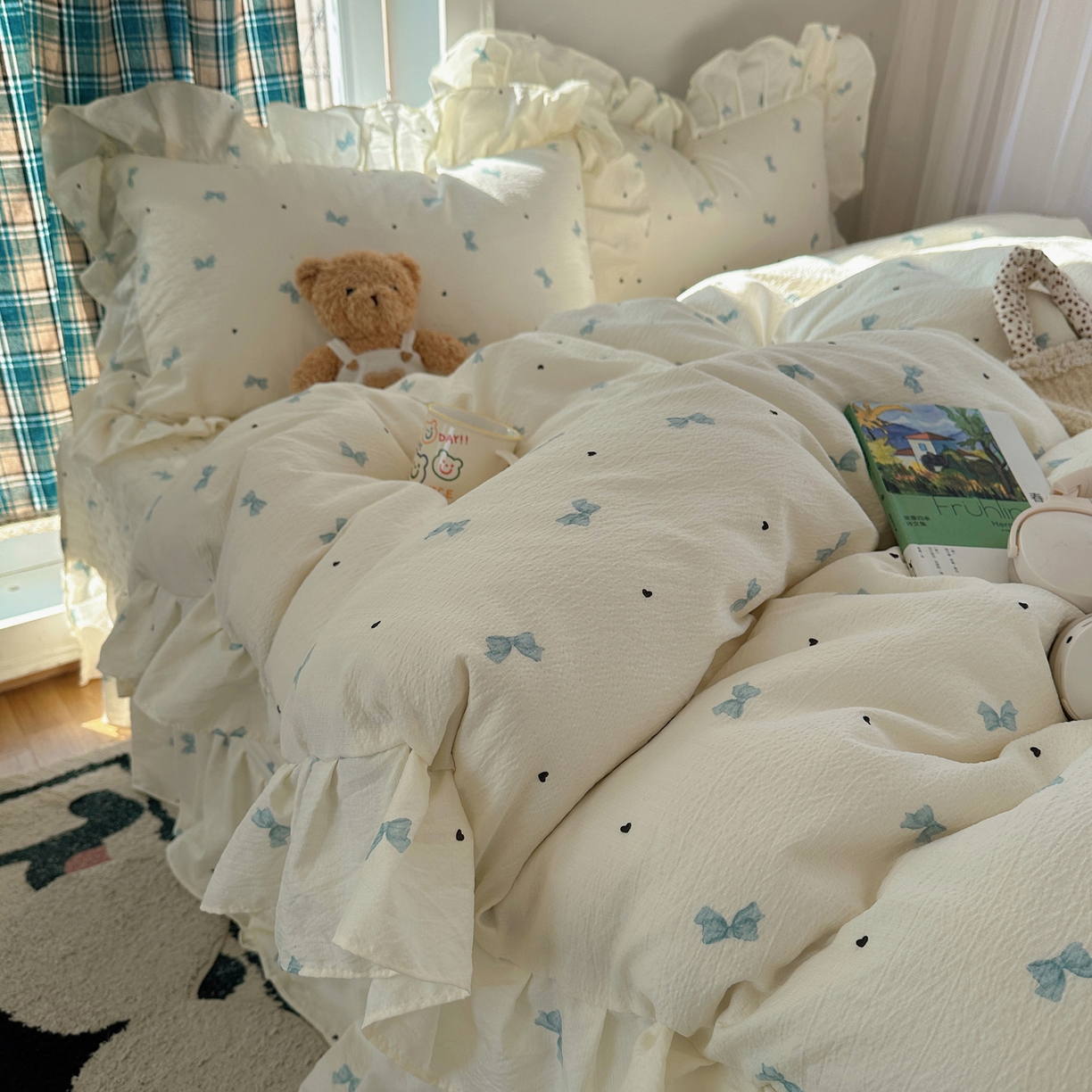 91家纺网 家纺一手货源 找家纺 摩妮卡 2026春夏新款韩版花边水洗棉泡泡纱床盖四件套 奶油啵啵