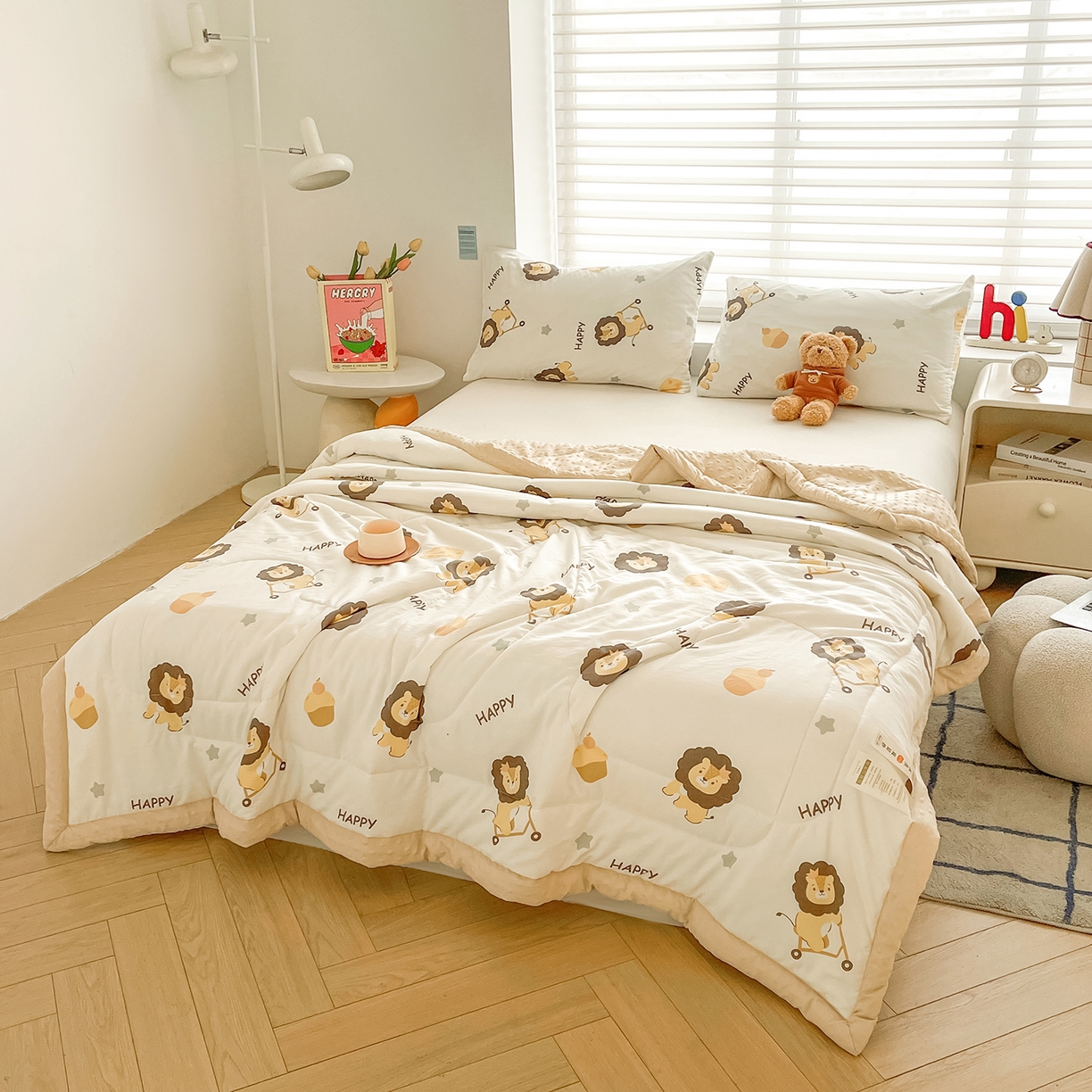 91家纺网 家纺一手货源 找家纺 悦织语 2026新款A类水洗棉双层纱豆豆被大豆夏凉被 狮子王