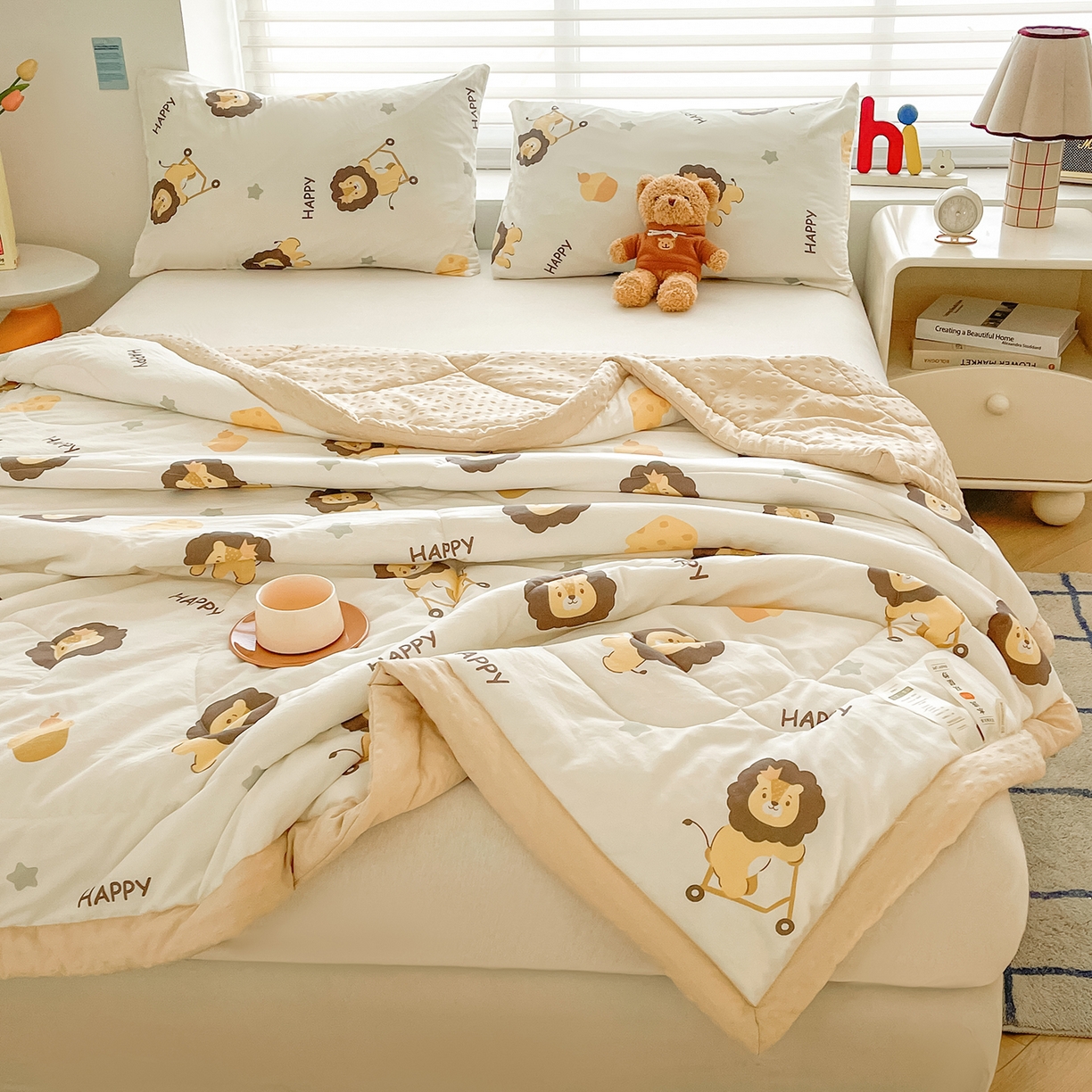 91家纺网 家纺一手货源 找家纺 悦织语 2026新款A类水洗棉双层纱豆豆被大豆夏凉被 狮子王