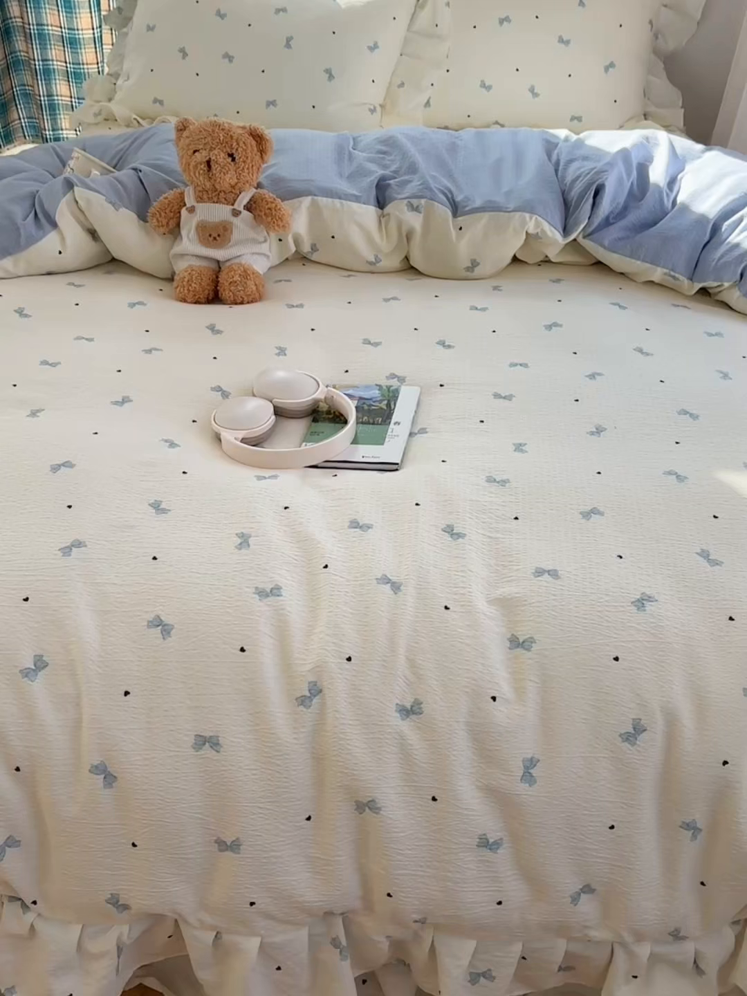 91家纺网 家纺一手货源 找家纺 摩妮卡 2026春夏新款韩版花边水洗棉泡泡纱床盖四件套 奶油啵啵